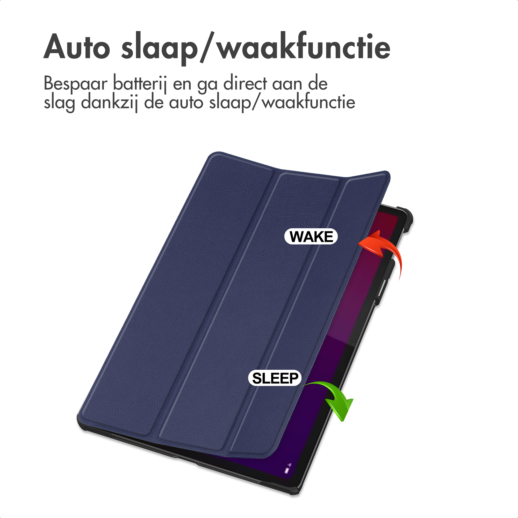 A tablet with a blue cover is shown. The cover is open, revealing the screen. Text says 'Wake' and 'Sleep'.