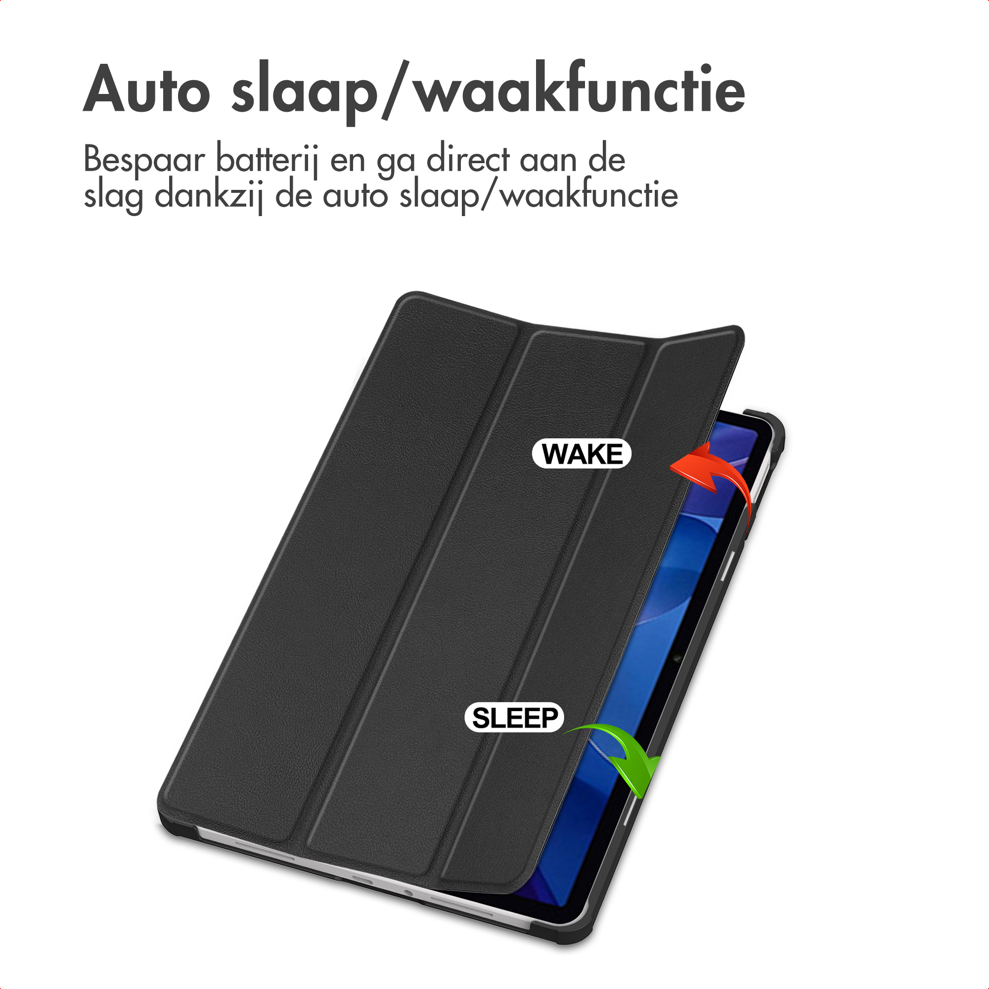A tablet cover with 'WAKE' and 'SLEEP' labels. Arrows indicate screen function. Black cover on white background.