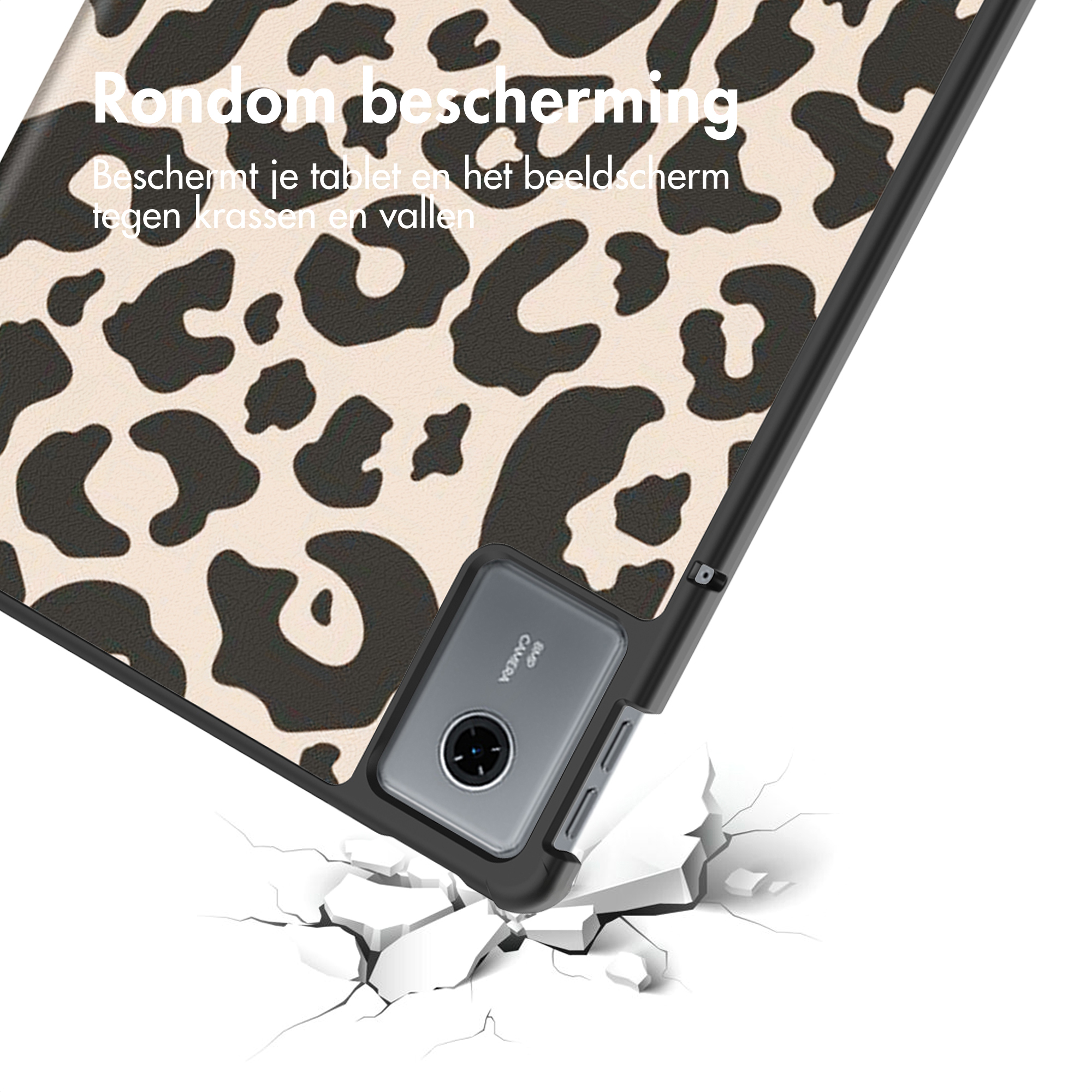 Tablet case with leopard print. It is falling and breaking a surface. Camera visible.