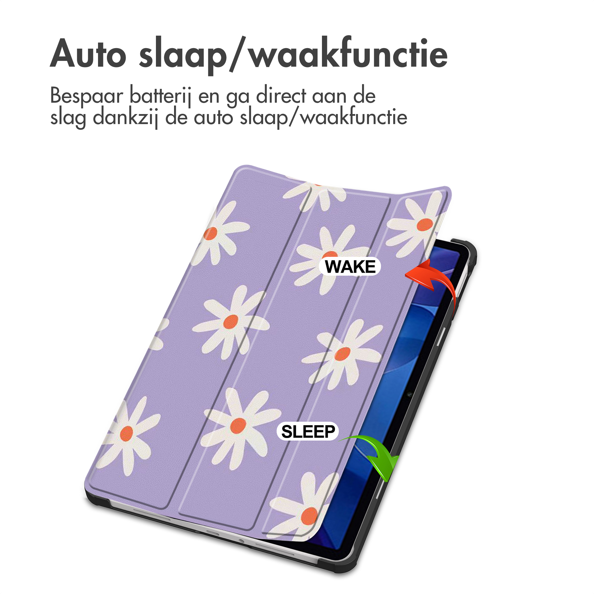A tablet case with a daisy pattern. Shows sleep/wake function, indicated by arrows. Text in Dutch.