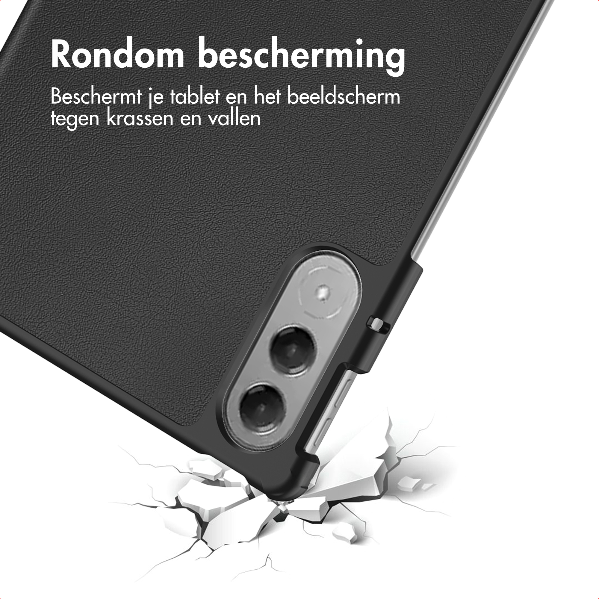 Black phone case protects a phone. The phone breaks a white surface. Text: Rondom bescherming.