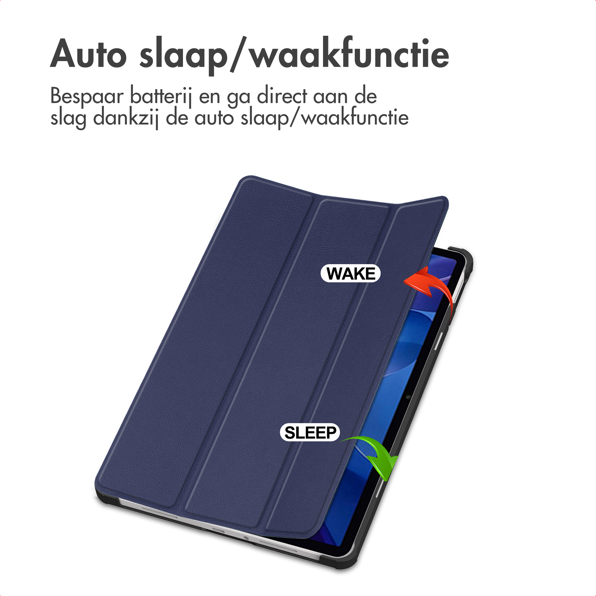 A blue tablet case with 'WAKE' and 'SLEEP' labels. Red and green arrows indicate actions.