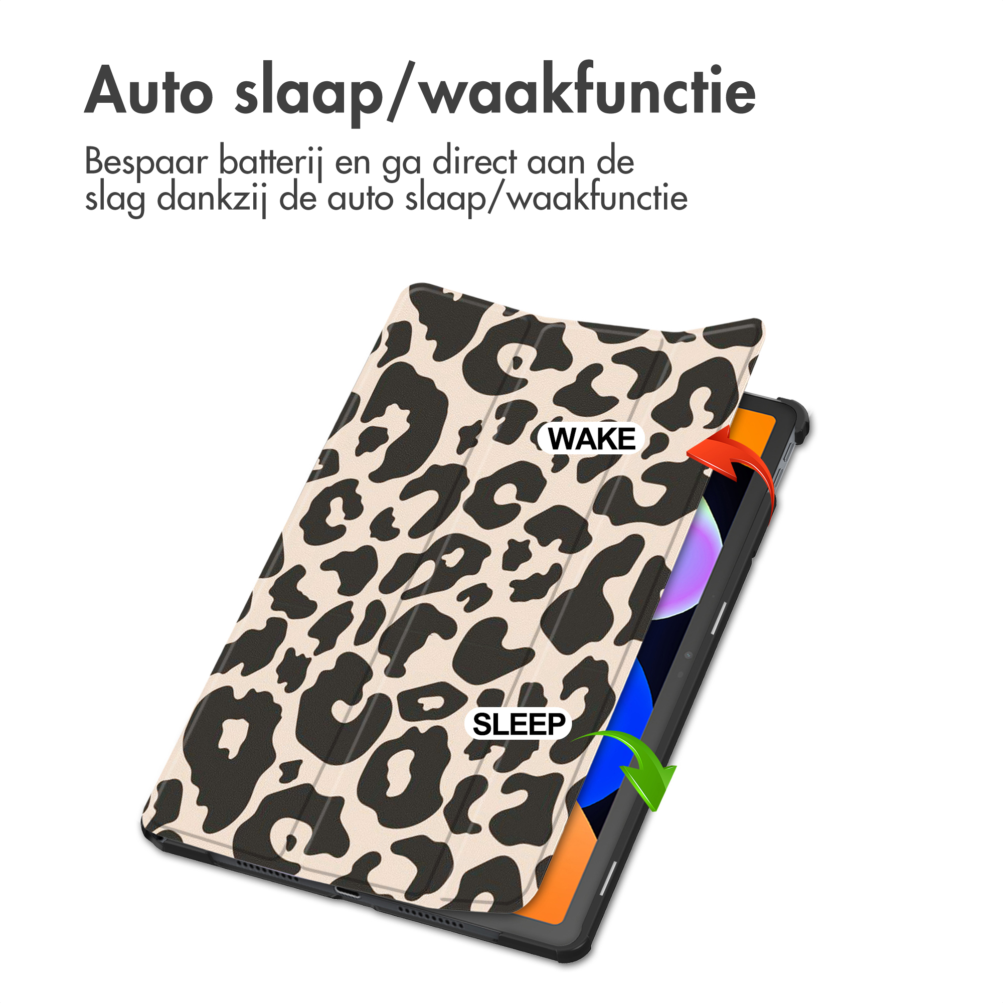 Tablet case open showing 'wake' and 'sleep' functions. It has a leopard print design. Arrows indicate open and close.