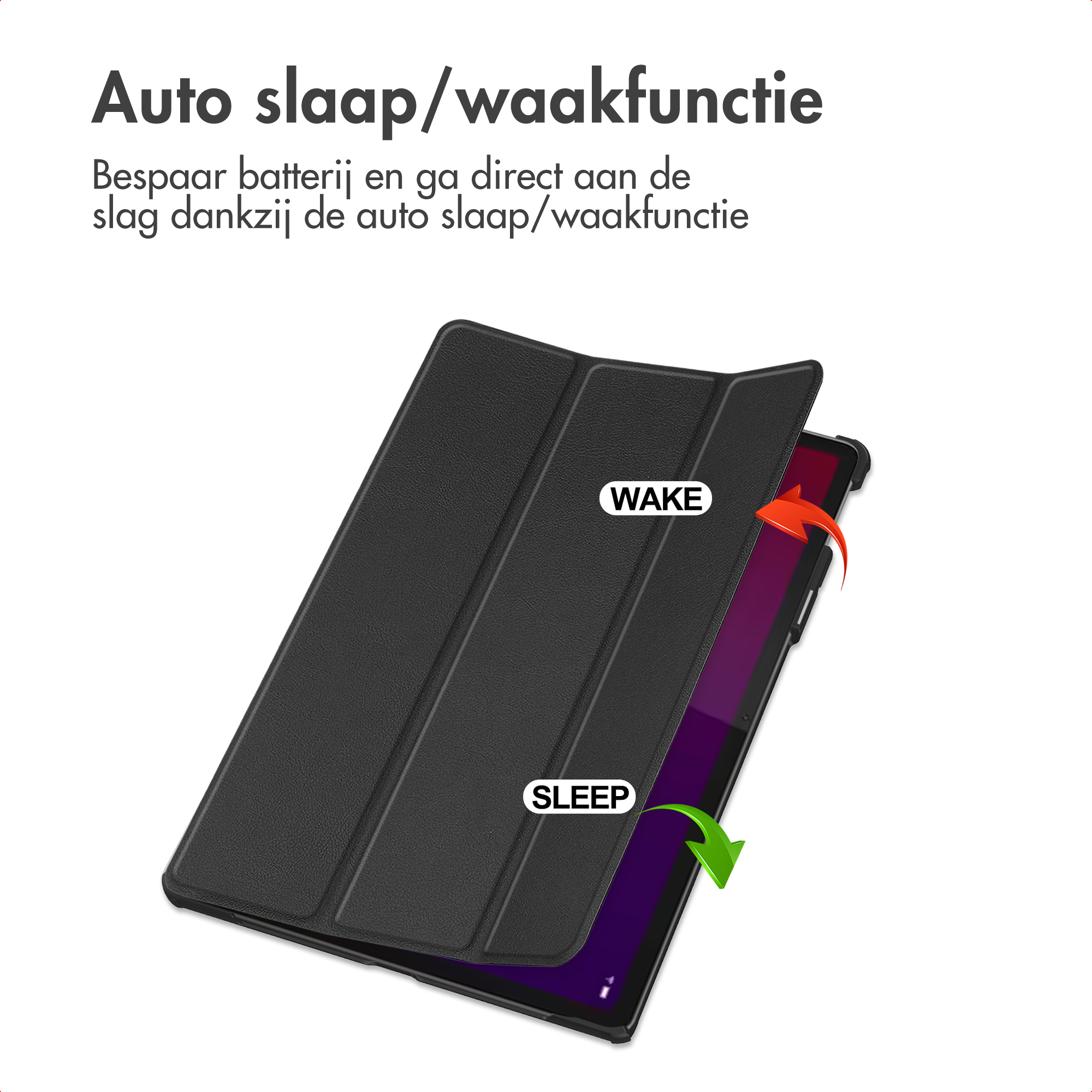 A tablet case, black, open. Arrows indicate 'wake' and 'sleep' functions. Text at the top is in Dutch.