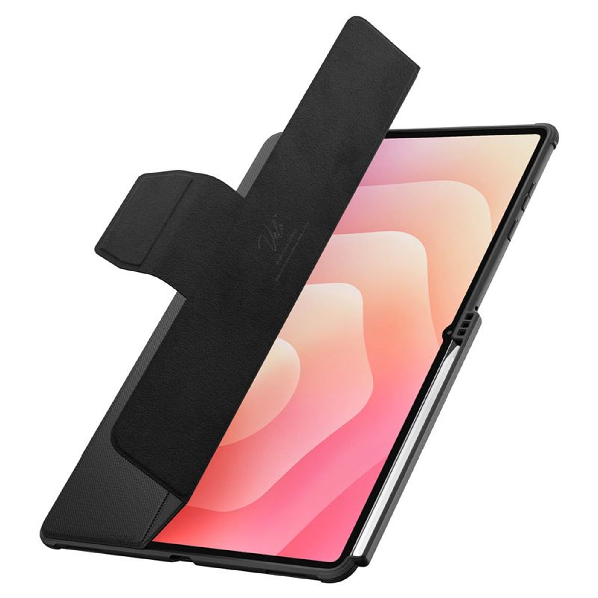 A black tablet case partially open, revealing a pink screen and a stylus. The case has a textured surface.