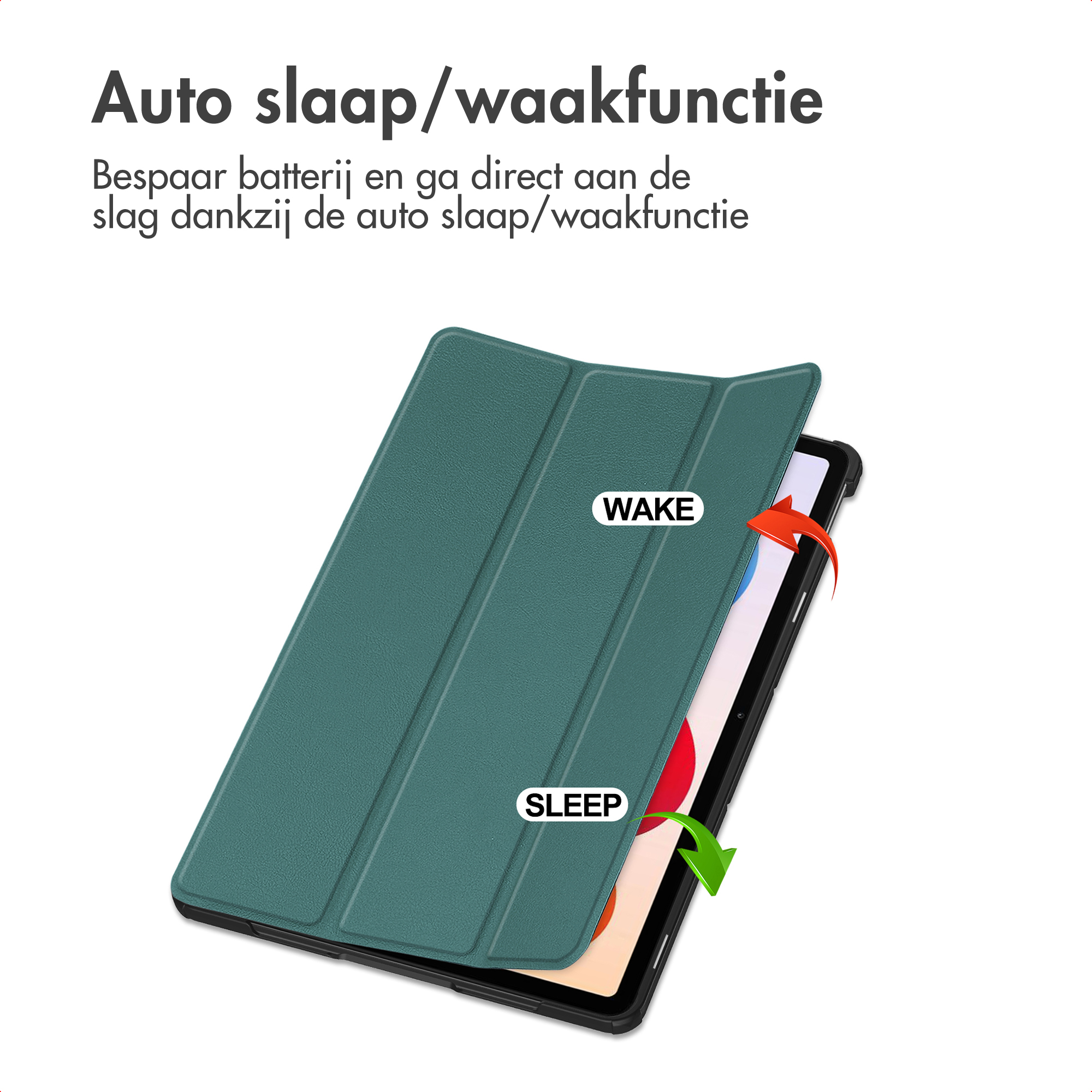Groene tablethoes open over een tablet. Tekst luidt 'Automatische slaap/waakfunctie'. Pijlen geven slaap/waak aan.