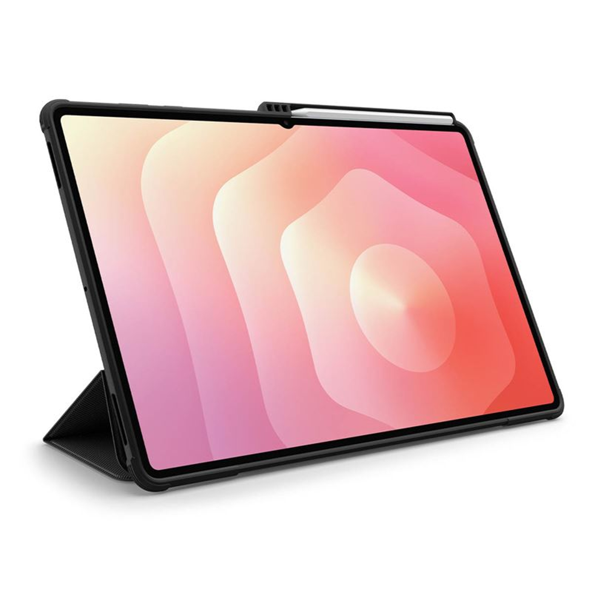 Tablet with case and stylus. The screen displays pink and white abstract shapes. The case is black.