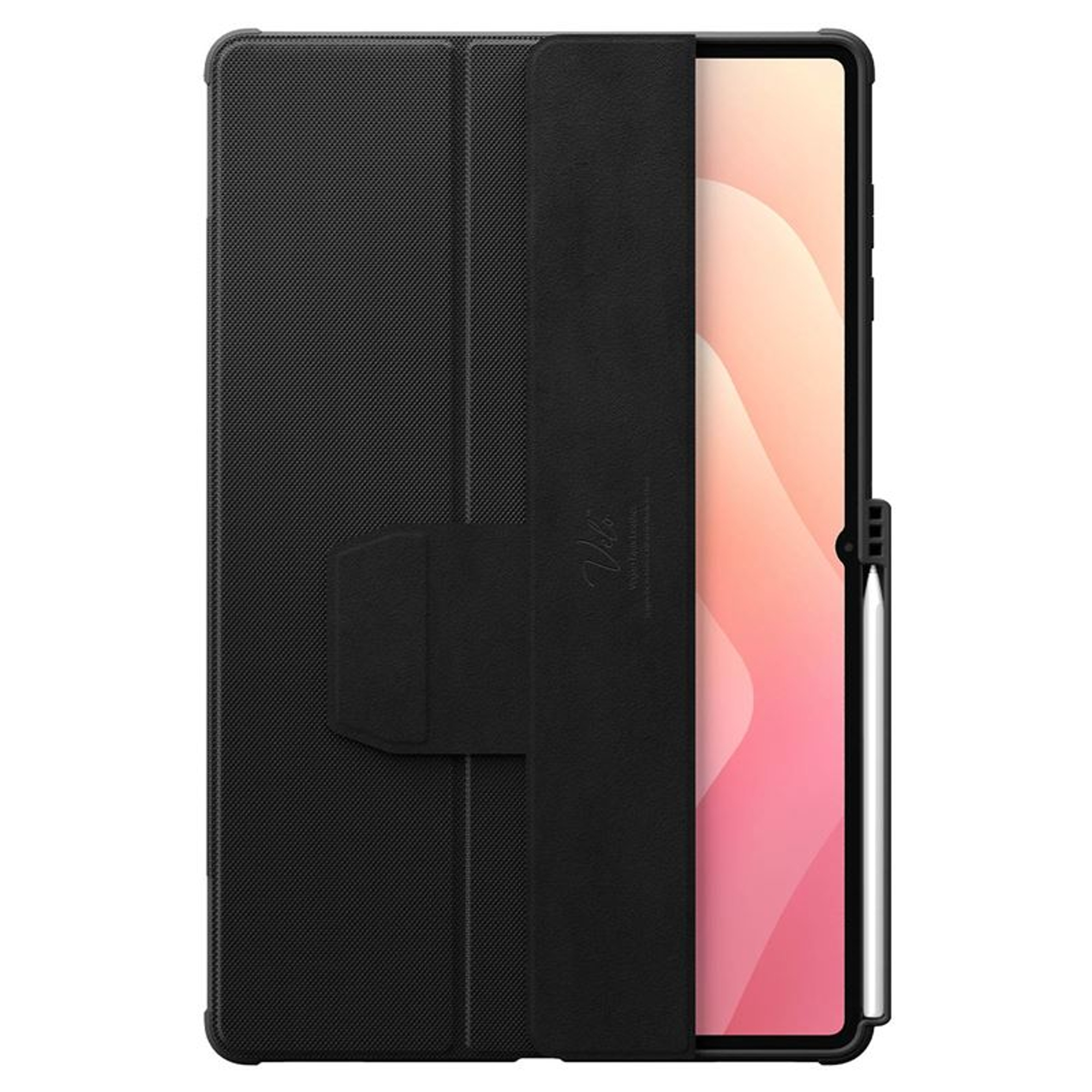 Black tablet case with a tablet inside. A stylus is attached. The case has a textured finish and a magnetic closure.