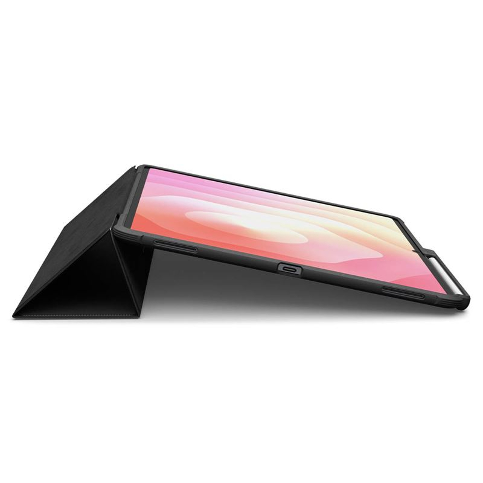 Black tablet case in a triangle shape. The tablet displays a light pink and white image. White background.