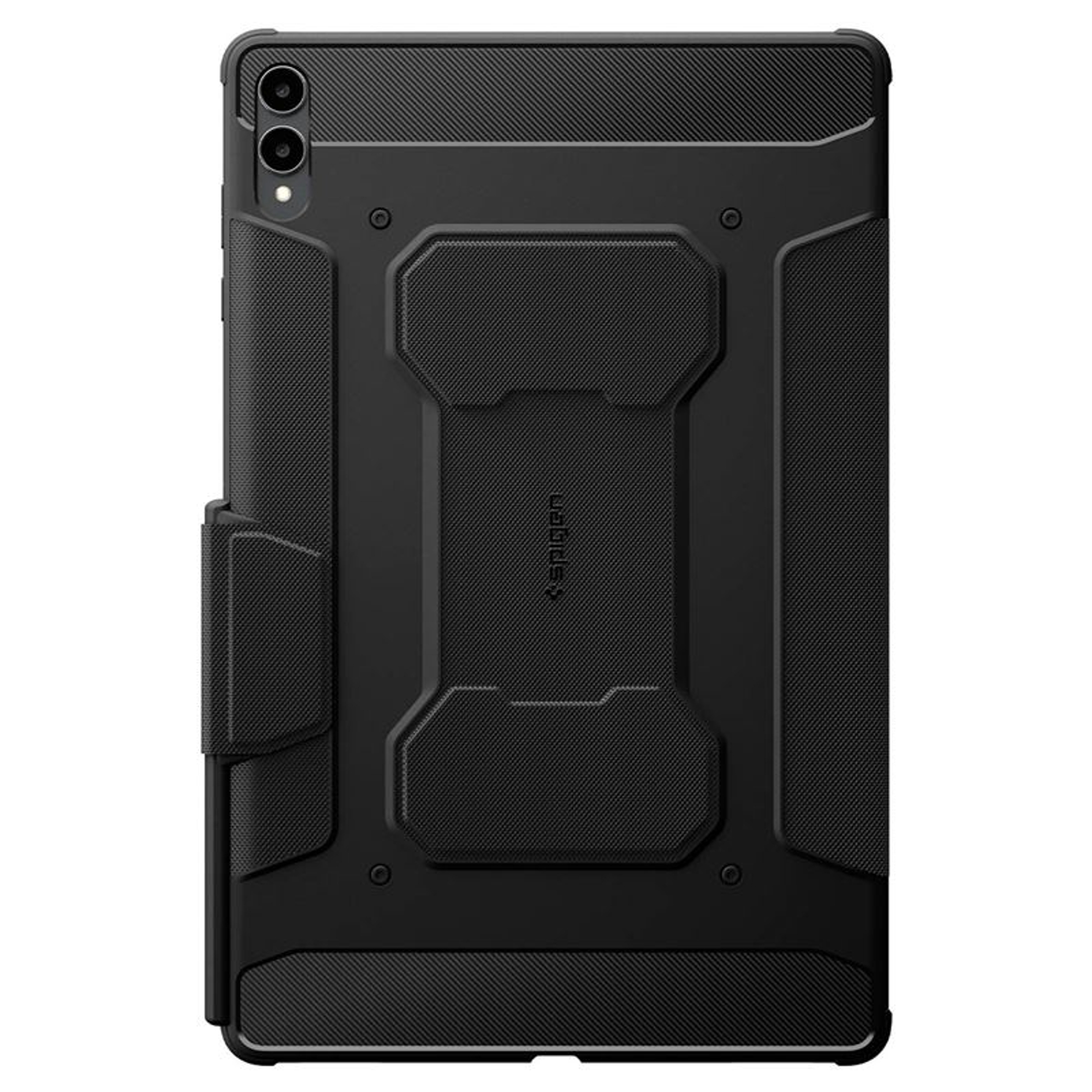 Black tablet case with textured design, featuring camera cutouts, and a kickstand. The brand name is visible.