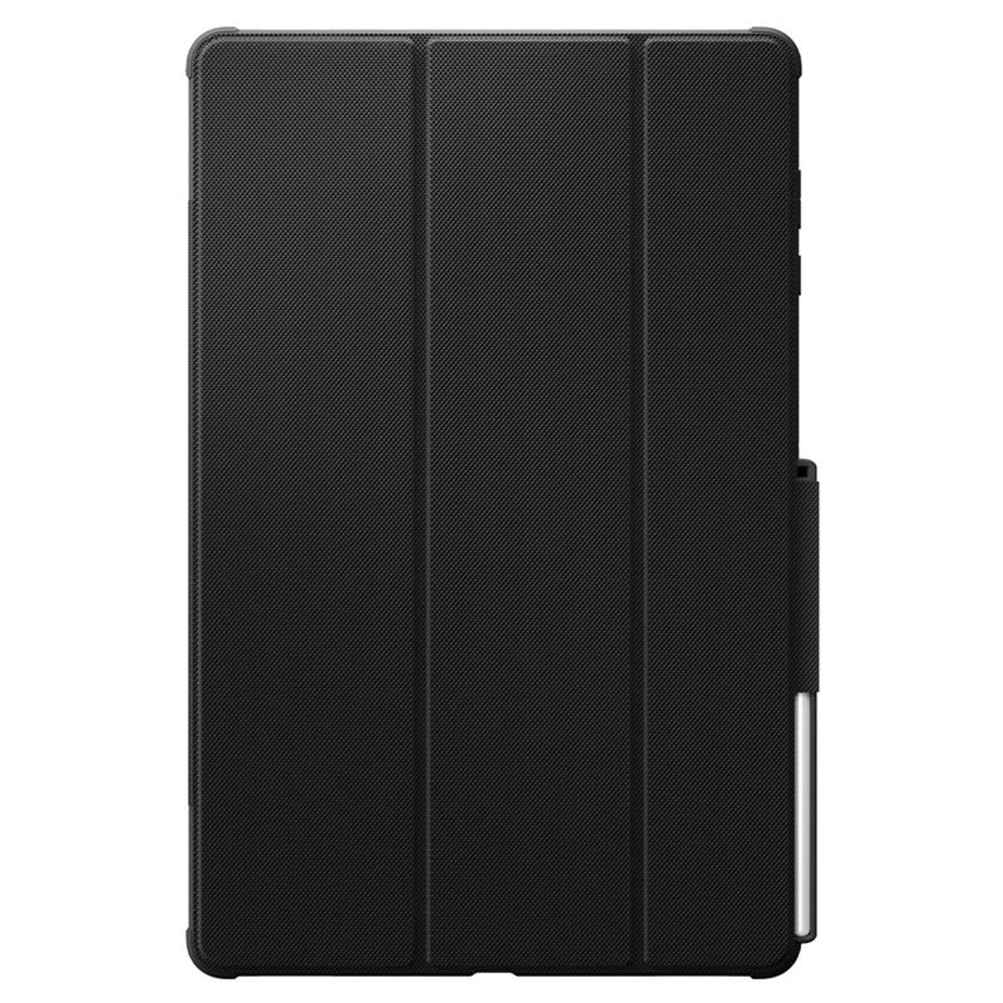 Black tablet case with a textured surface, folded open. Features a pen holder. The background is white.