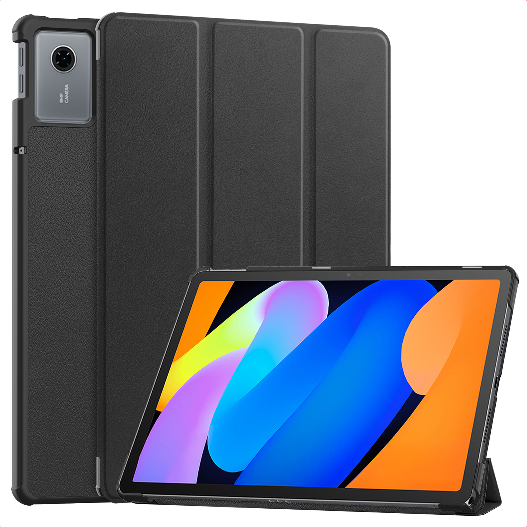 Een tablet met een zwarte hoes wordt weergegeven. Het scherm heeft kleurrijke abstracte vormen. De hoes heeft een camera.