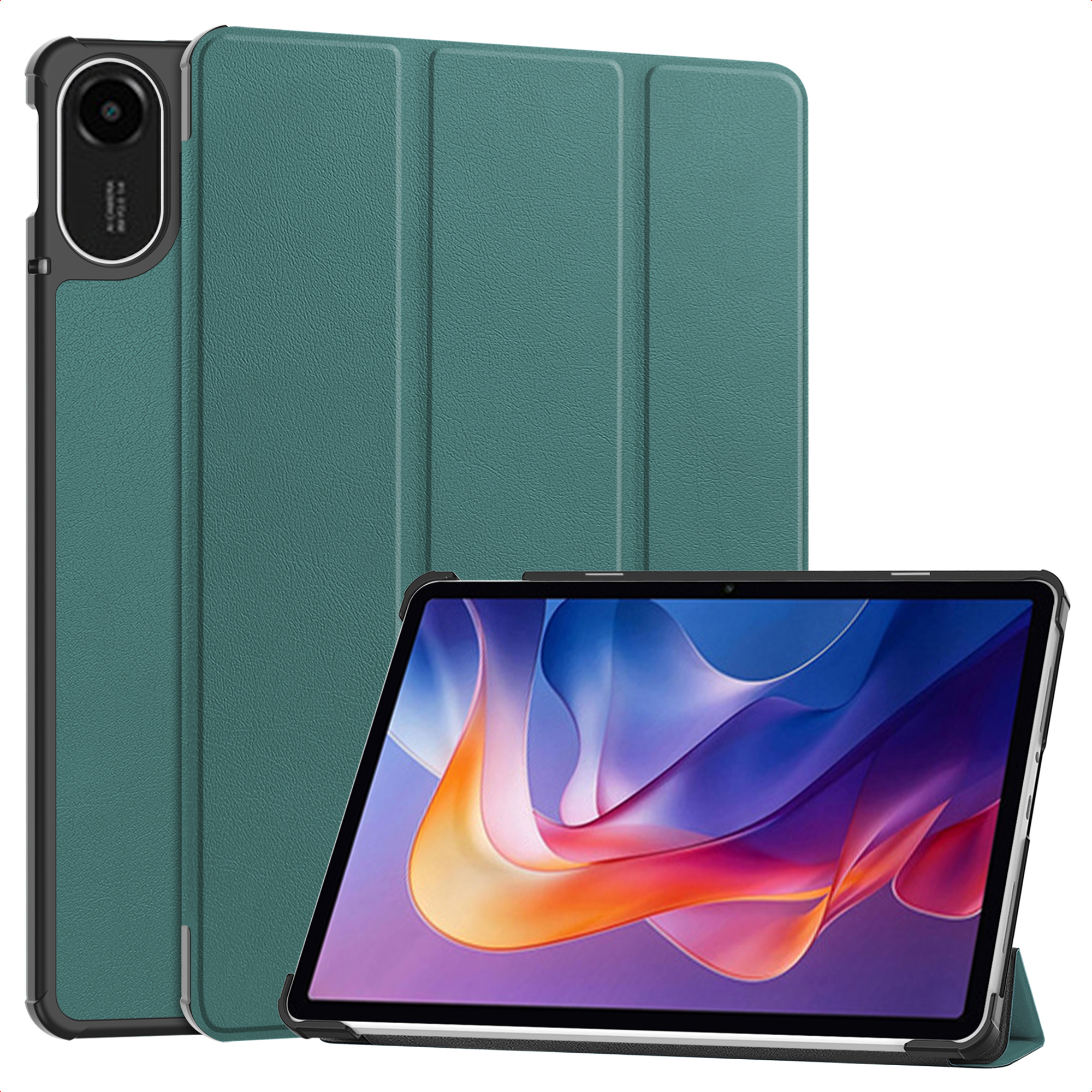 Tablet with teal case. The screen displays a colorful abstract image. A camera is visible on the back.