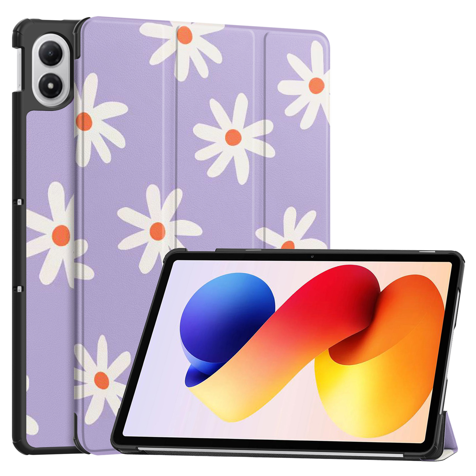 Une tablette avec une housse violette à motifs de marguerites et un écran coloré est affichée.
