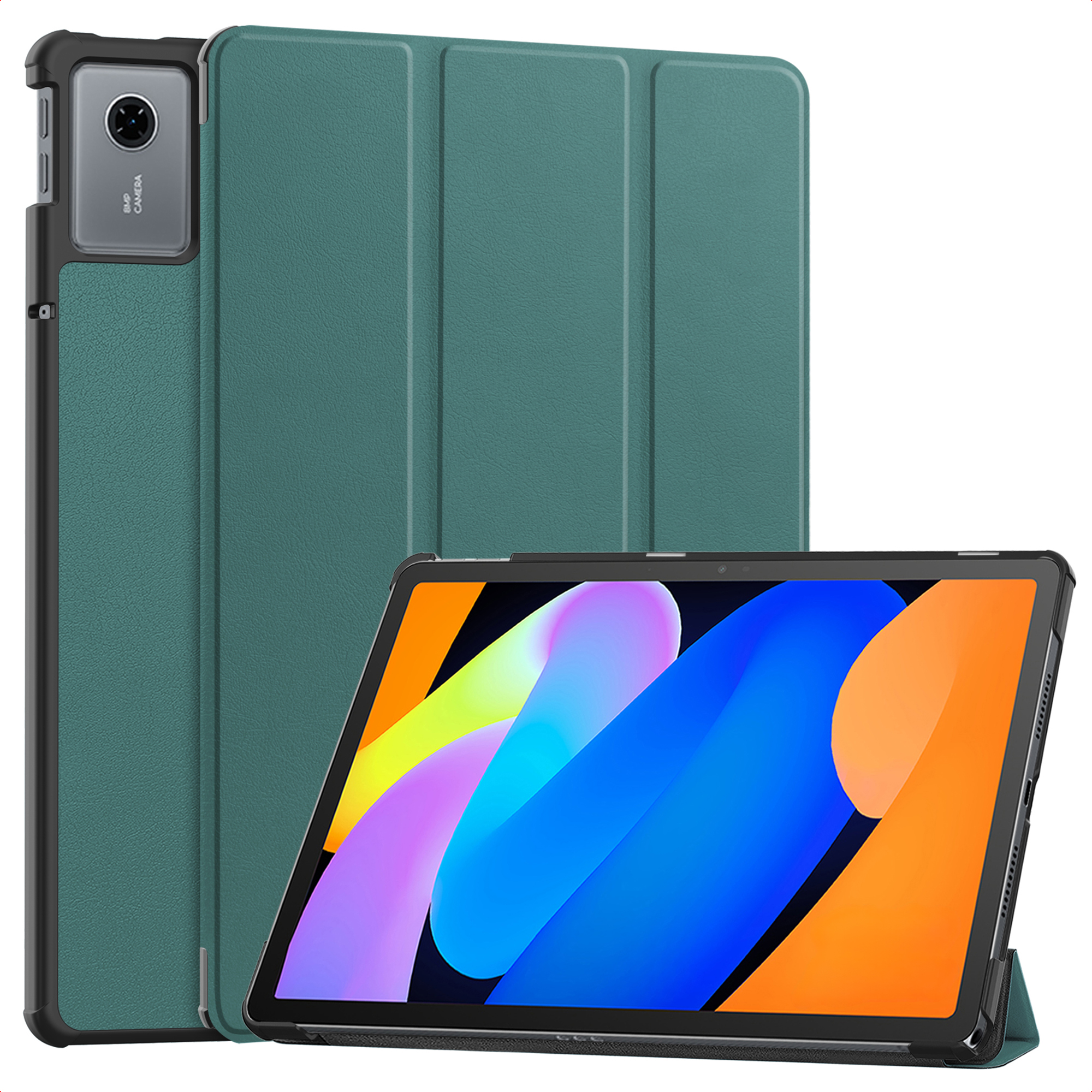 Tablet met teal hoesje en een scherm met kleurrijke abstracte vormen. De hoes is open.