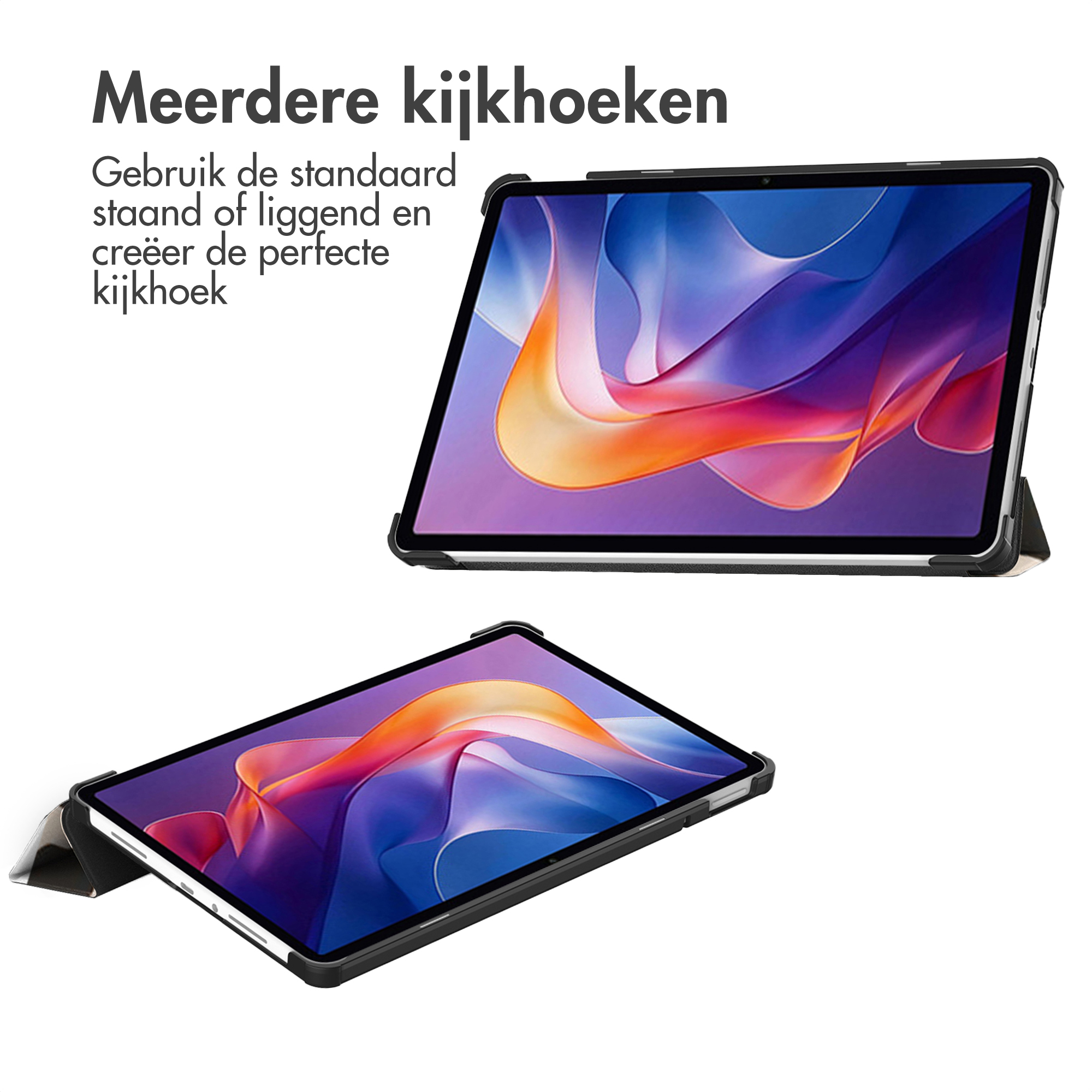 Two tablets in cases, one upright, one angled. Text in Dutch: Multiple viewing angles. Use standard standing or lying and create the perfect angle.