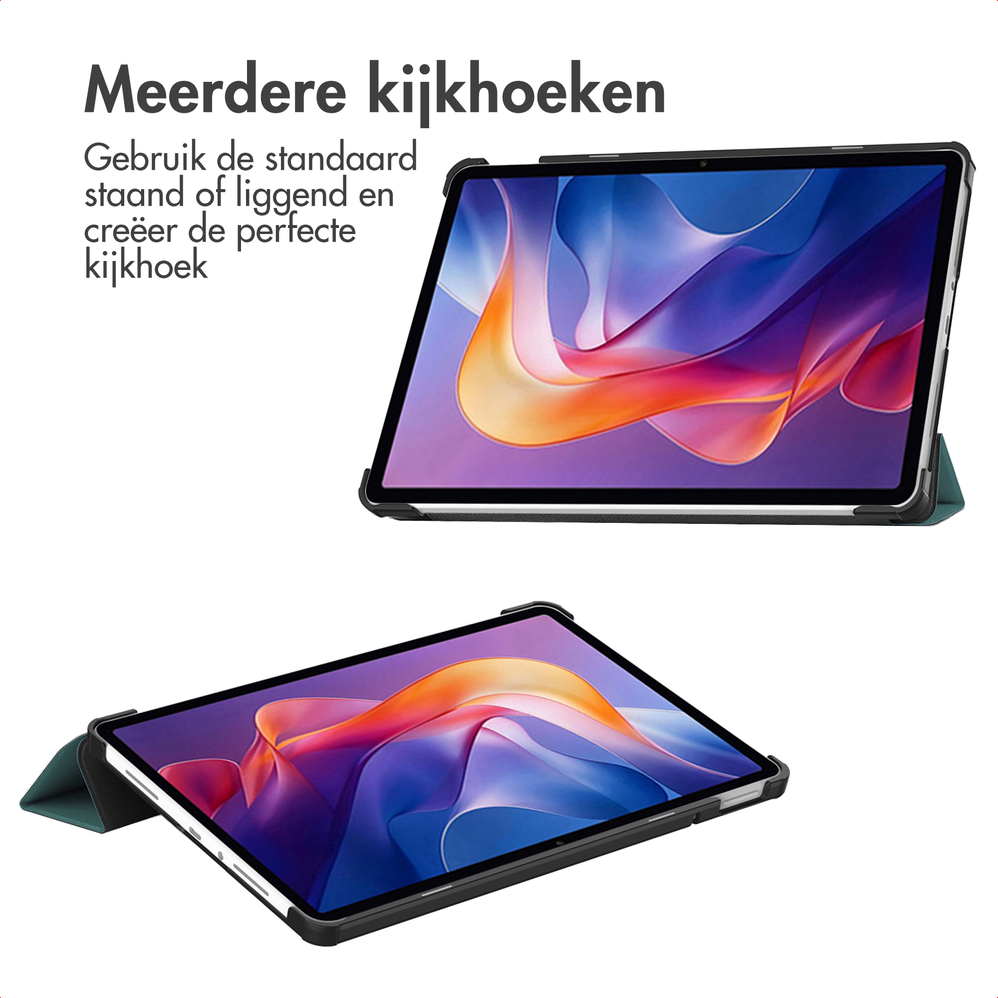 Two tablets with colorful screens and black protective cases are shown against a white background.
