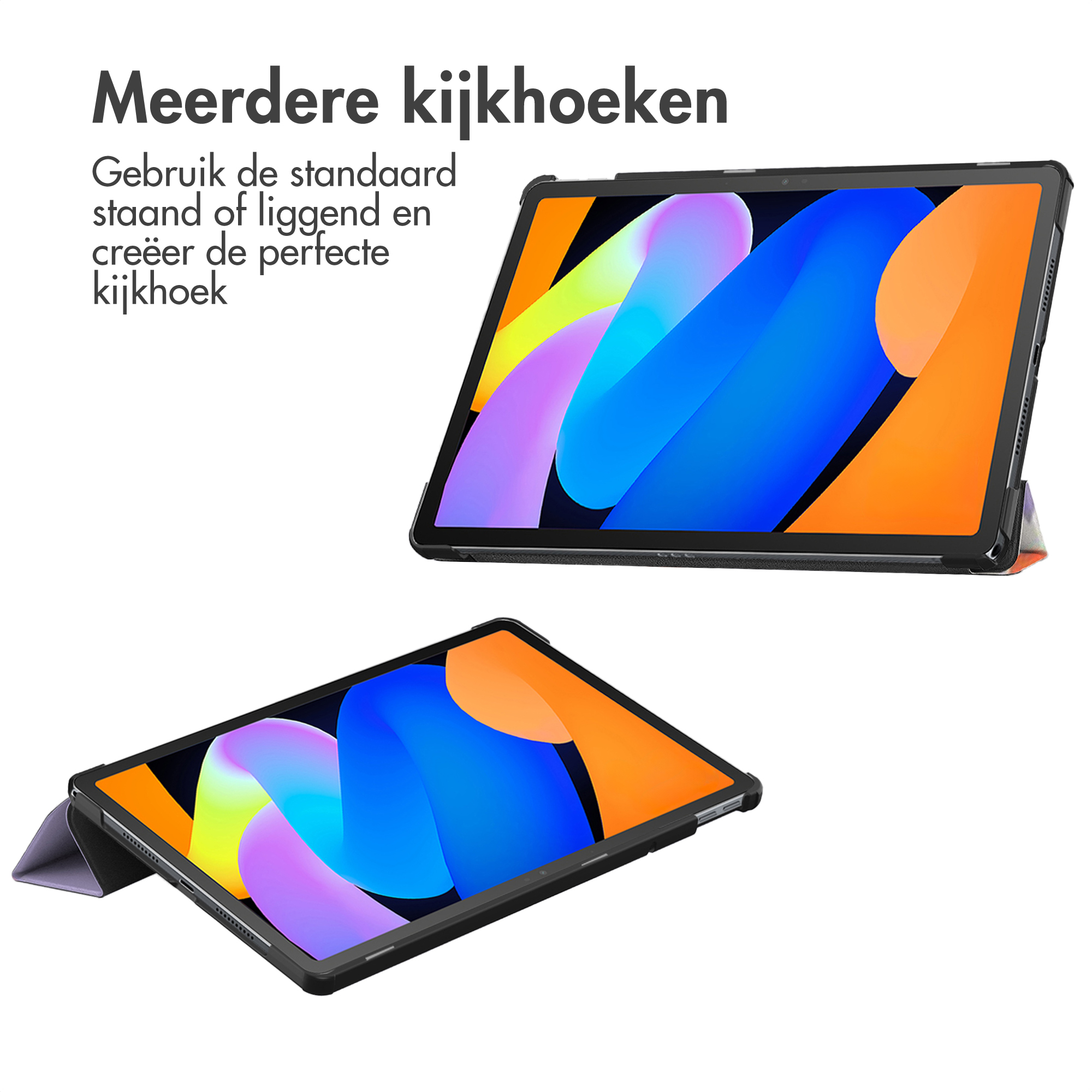 Two tablets with colorful screens and black bezels are displayed. One is propped up, the other flat. White background.
