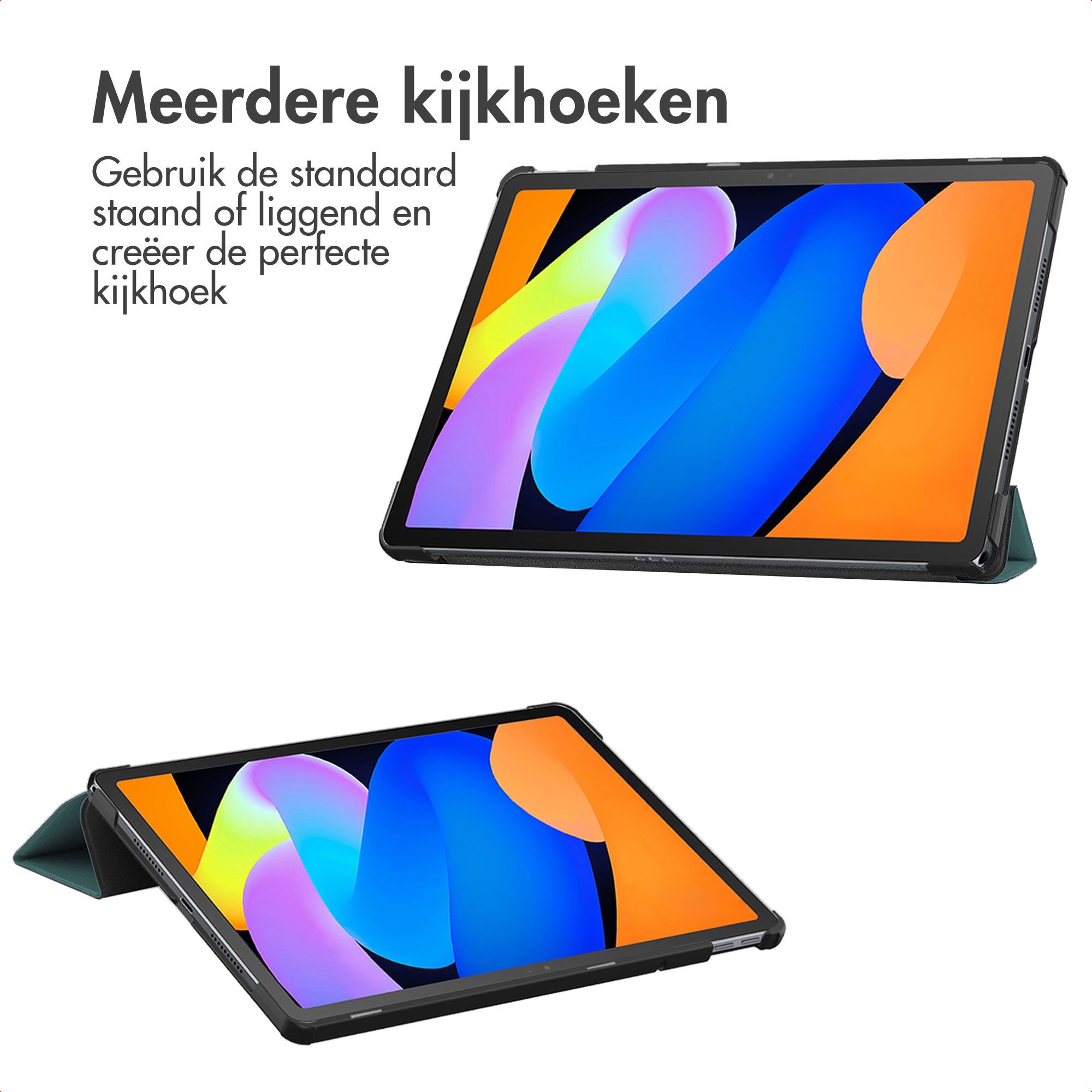 Twee tablets met kleurrijke schermen worden in verschillende hoeken weergegeven. Tekst bovenaan: 'Meerdere kijkhoeken'.