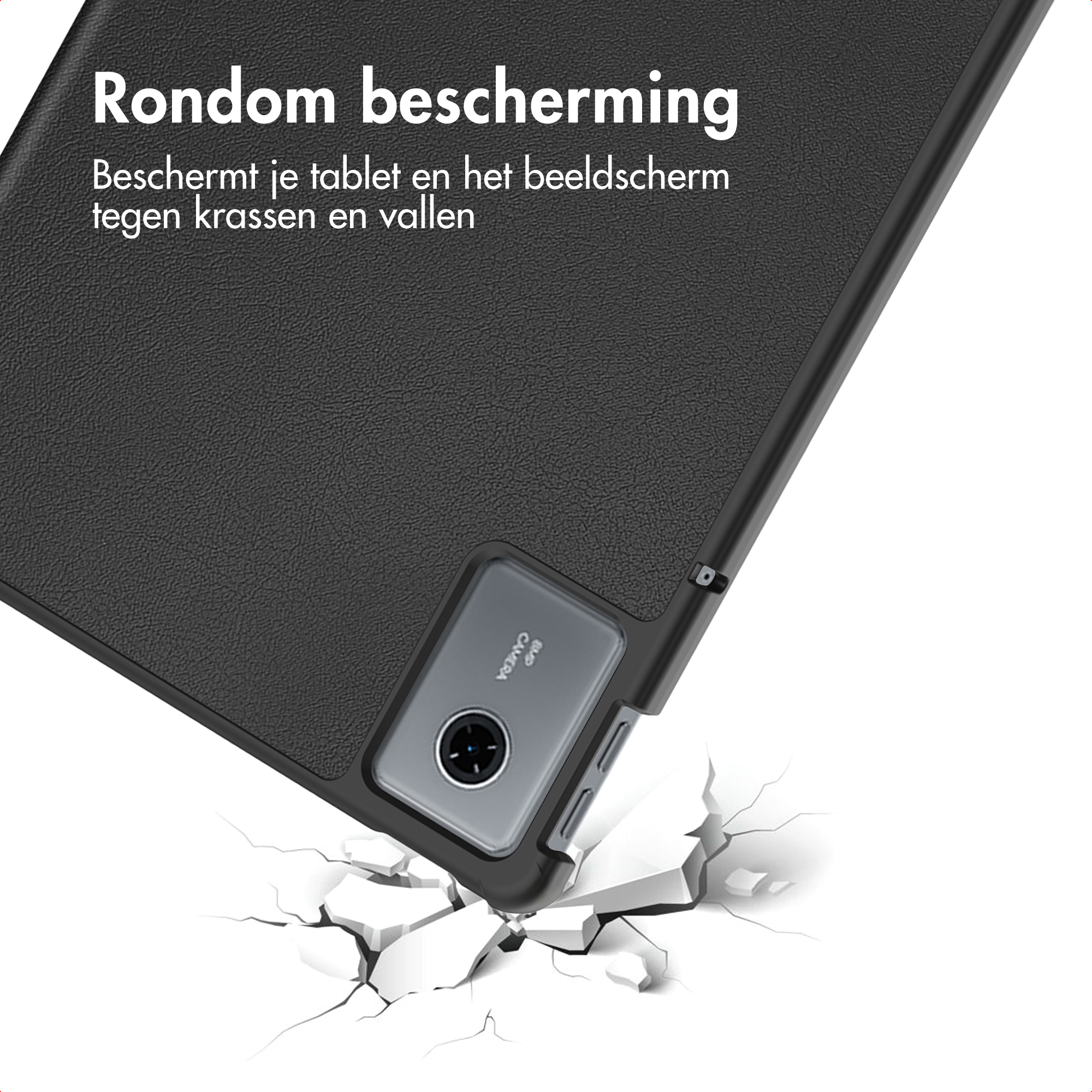 Tabletcase onder een hoek, zwart op witte achtergrond, scheuren. Tekst: Rondom bescherming. Beschermt tablet en scherm.