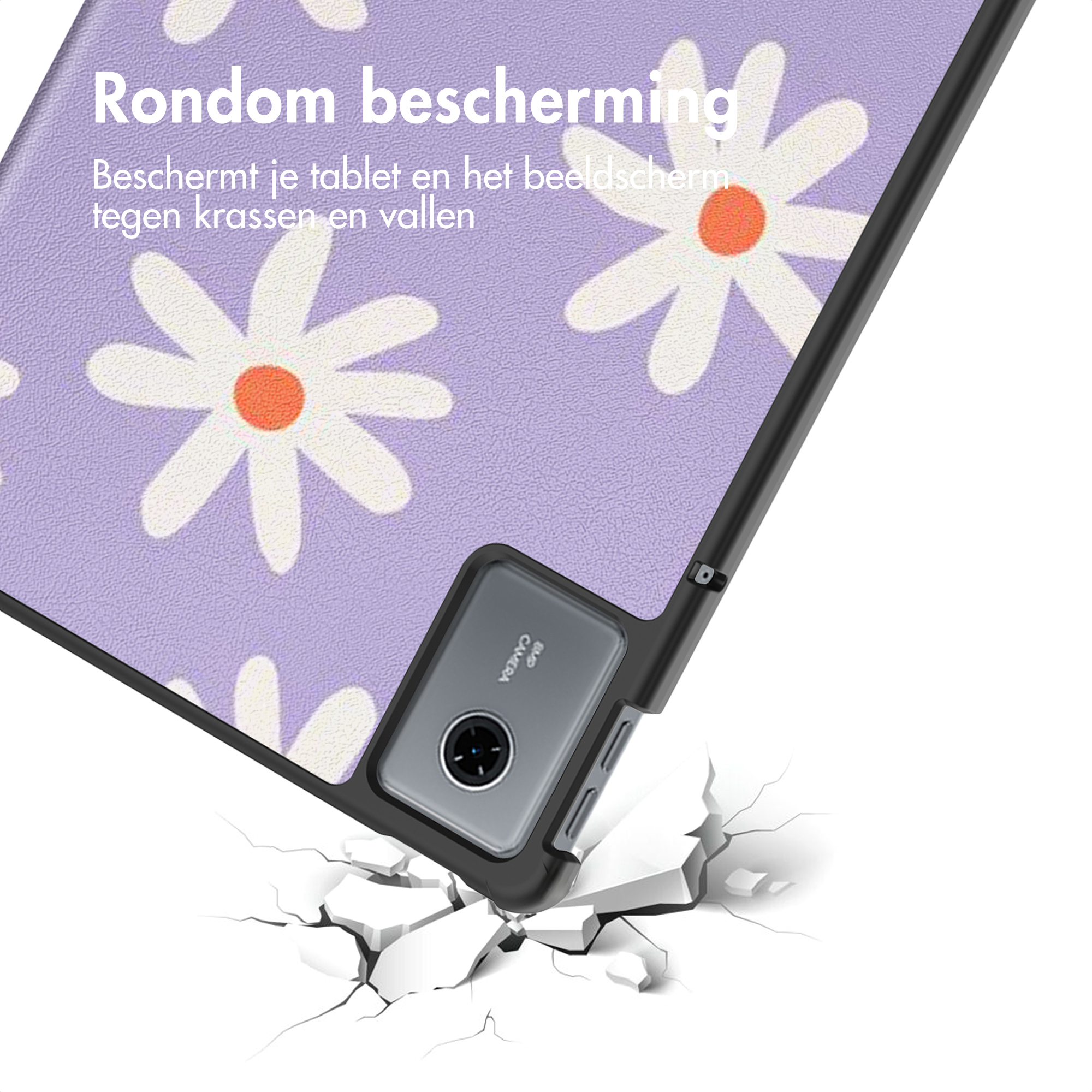 Tablet case with daisy pattern, angled, cracking ground. Text: 'Rondom bescherming'. Camera visible.
