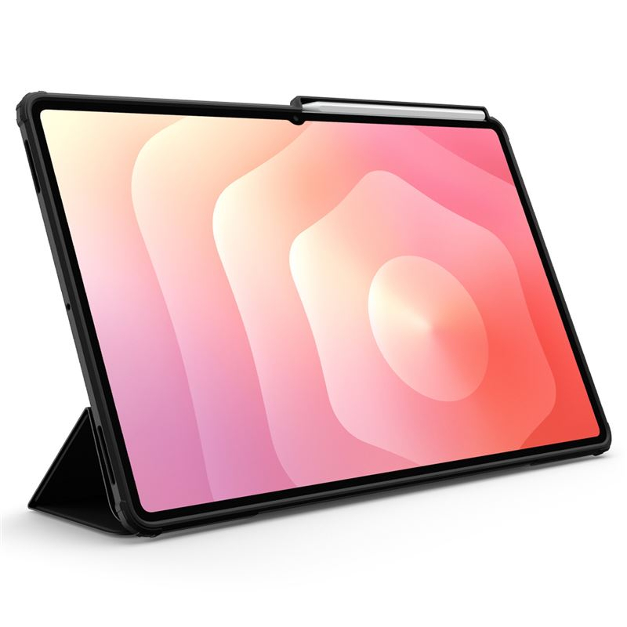 Tablet with case and stylus. The screen displays a pink and orange gradient. The tablet is propped up.