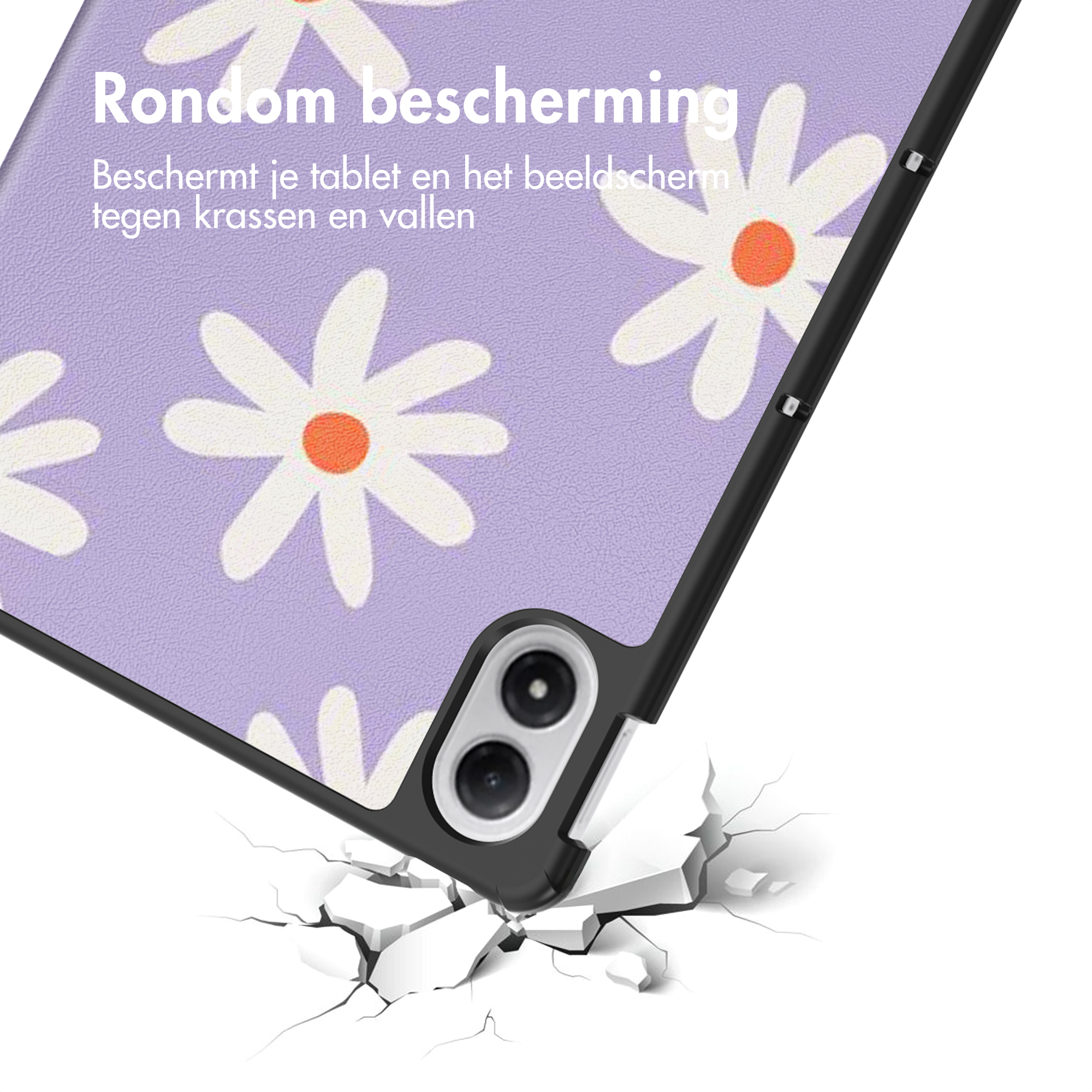 Étui pour tablette avec motif de marguerites, tombant et brisant le sol. Texte : protection intégrale. Protège la tablette et l'écran.
