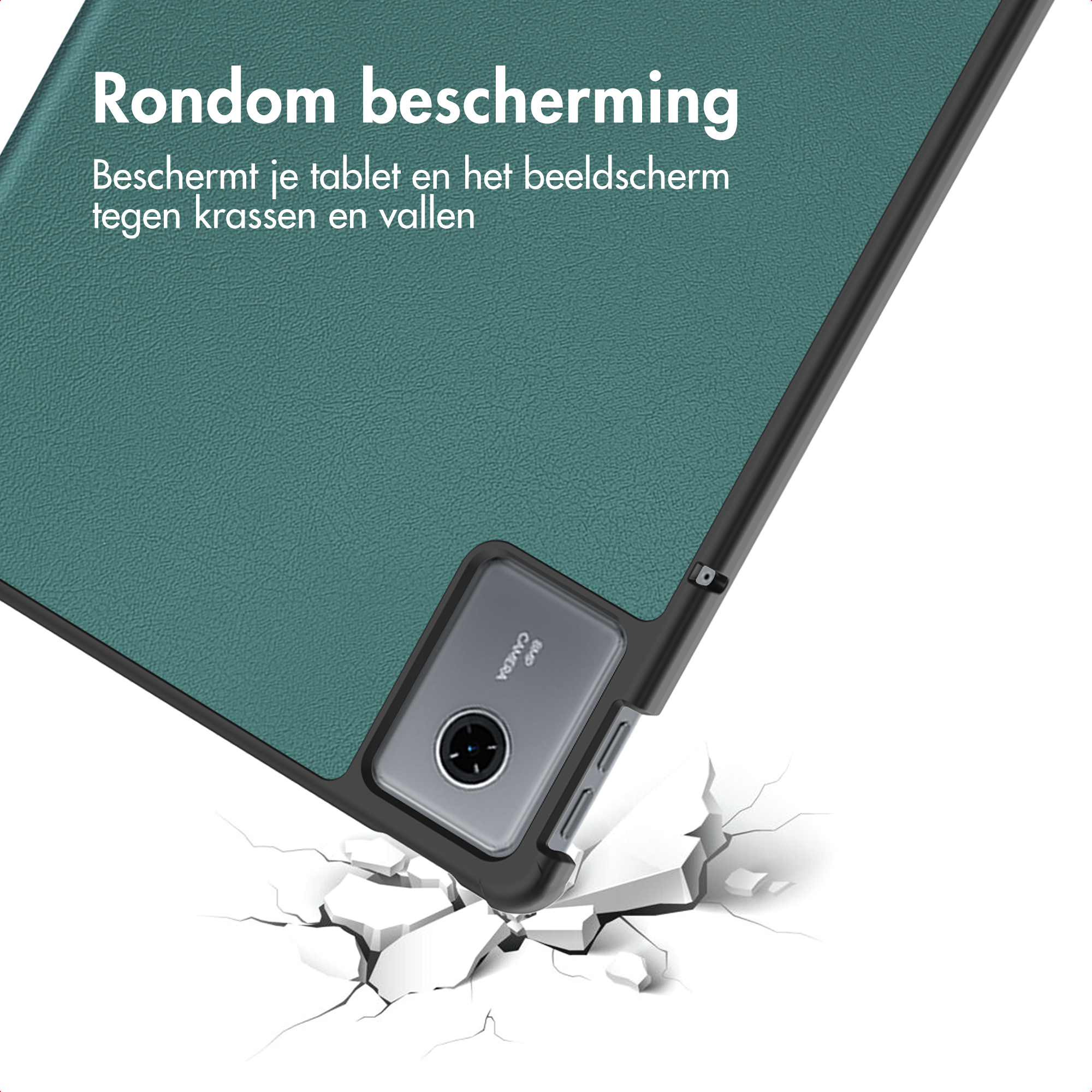 Tablethoes, teal oppervlak, zwart frame, cameradetail. Scheuren in wit oppervlak, impacteffect.