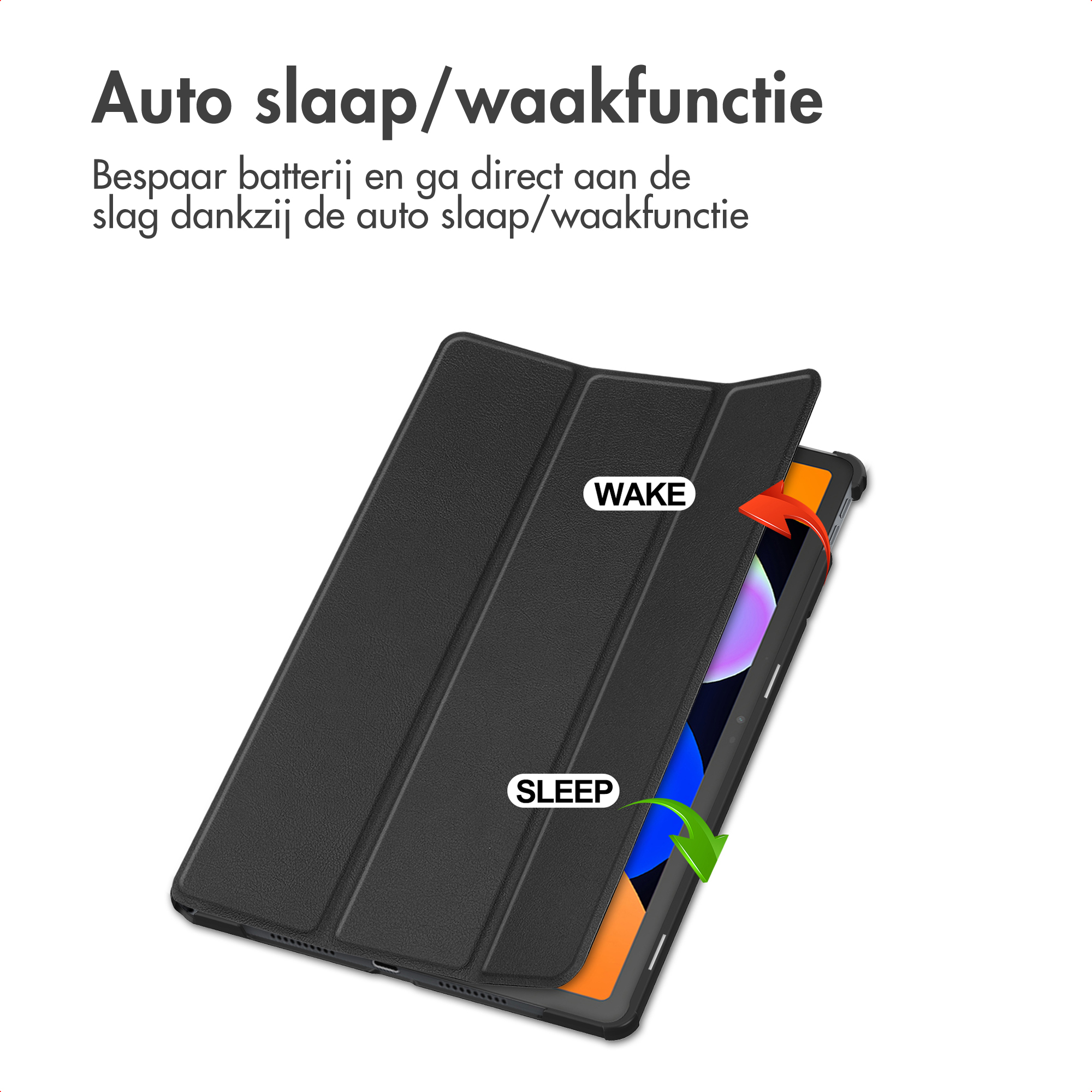 Zwarte tablethoes met 'WAKE' en 'SLEEP' indicaties, pijlen tonen open/sluit functie. Tekst in het Nederlands.