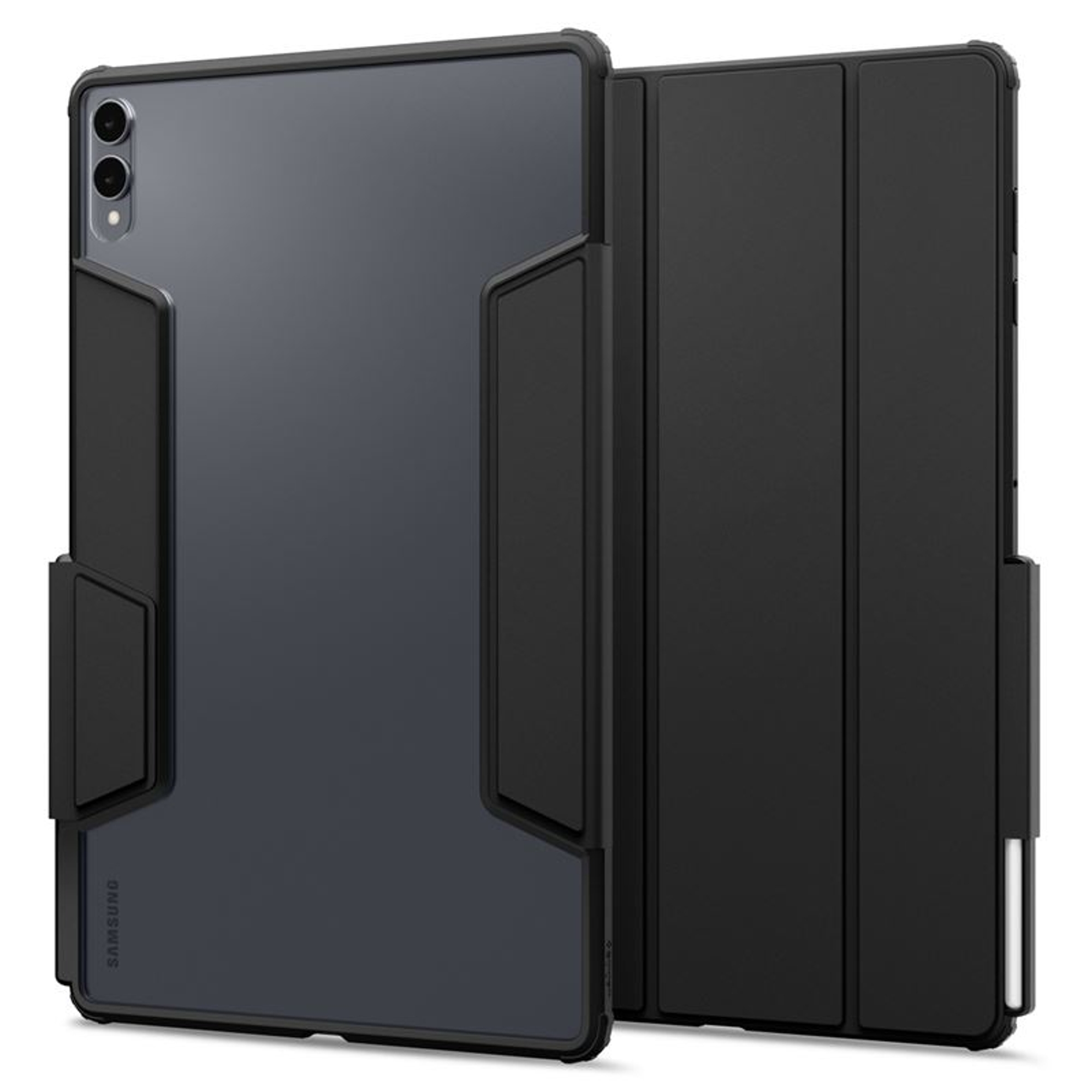 A dark gray tablet with a black case, partially open. The case is on the right. The tablet has dual cameras.