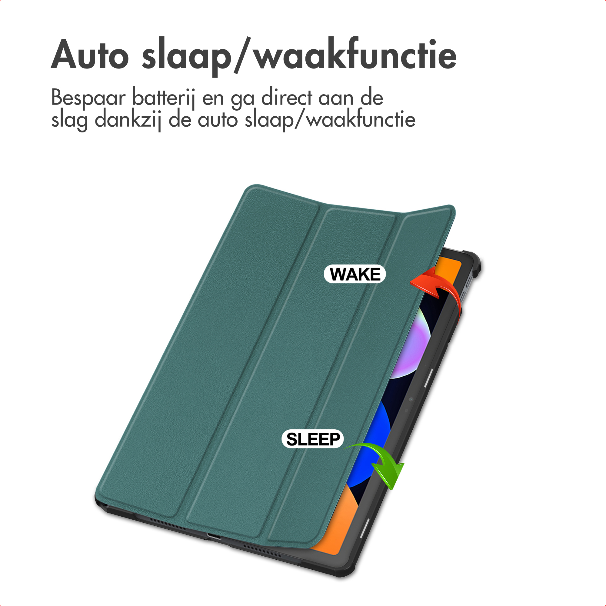 Groene tablethoes met 'WAKE' en 'SLEEP' labels. De hoes is open en toont een tabletscherm.