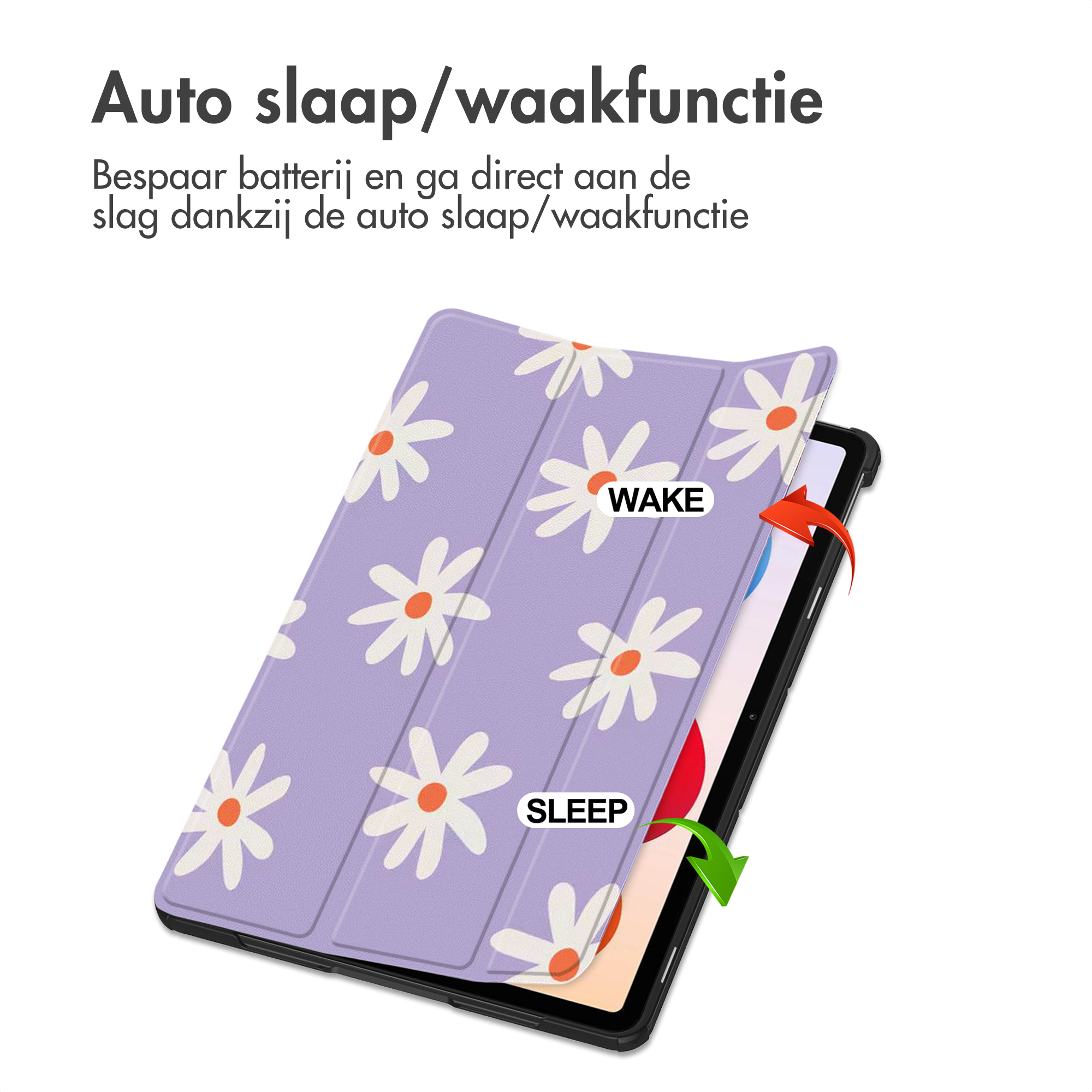 Étui pour tablette avec motif de marguerites. Texte : Fonction veille/réveil automatique. Flèches montrent ouvrir et fermer.