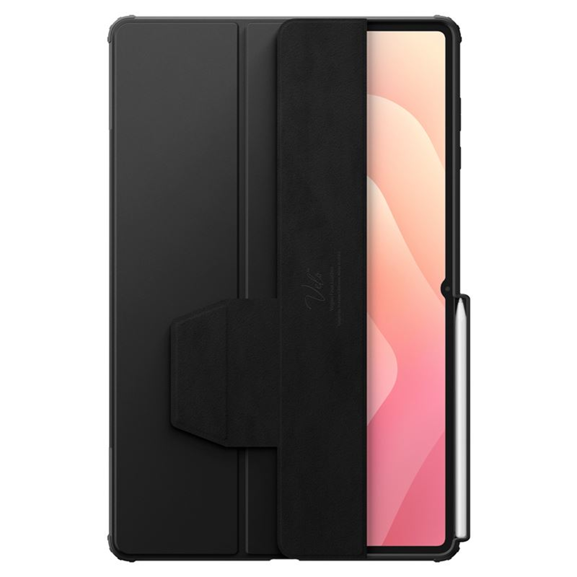 Black tablet case with a flap, magnetic closure, and a stylus holder. The tablet screen is visible, and the case is closed.