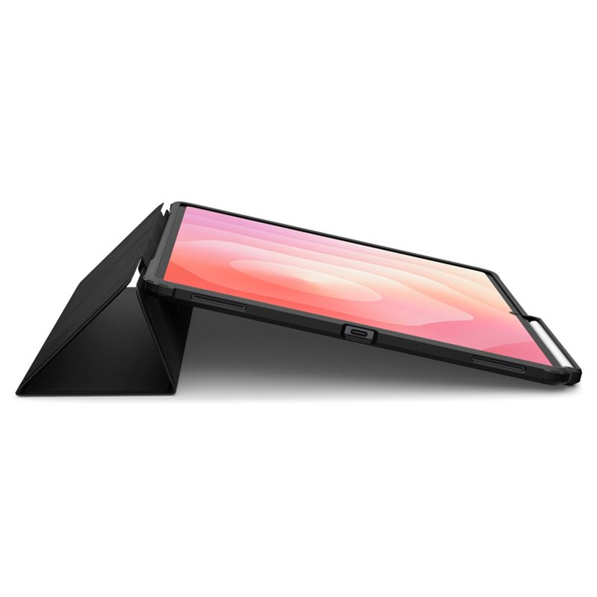Black tablet in a case, with screen displaying a pink and orange gradient, slightly angled on a white surface.