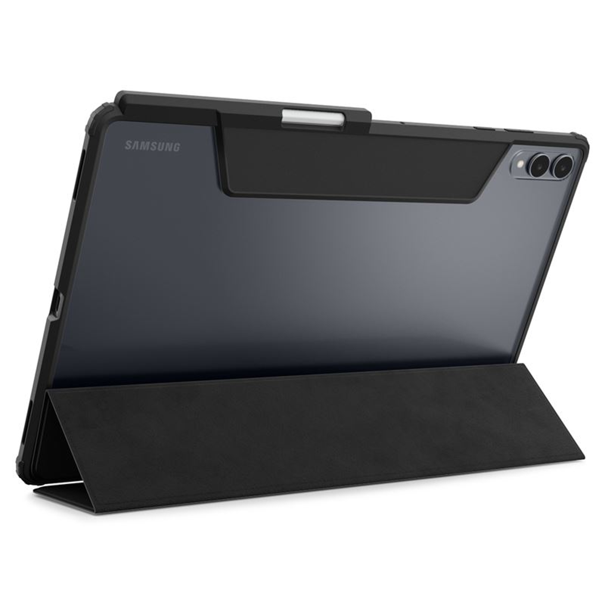 Black tablet in a black case. Samsung logo is visible. The case is folded into a stand.
