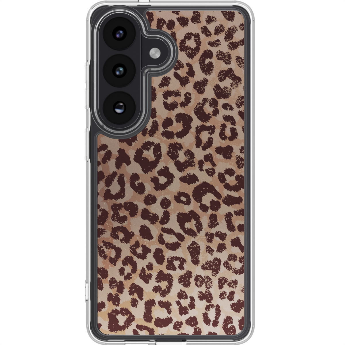 Una custodia per telefono con un motivo leopardato. La custodia è trasparente con un motivo animalier marrone e beige.