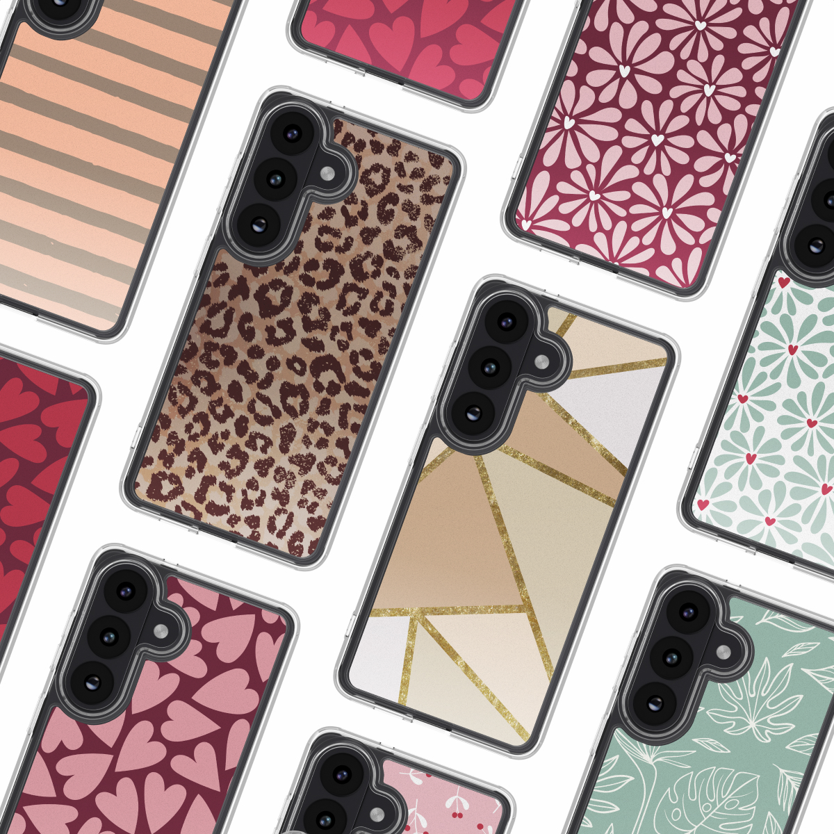 Collezione di custodie per telefono con vari motivi: stampa leopardata, cuori, fiori, foglie e forme geometriche, il tutto su sfondo bianco.