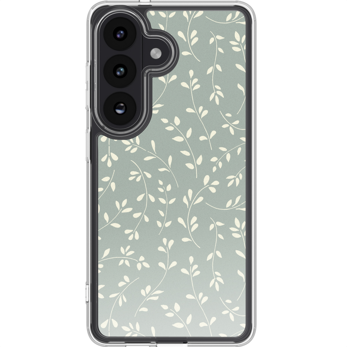 Custodia per telefono con un motivo floreale di foglie bianche su sfondo verde chiaro. Ha un modulo fotocamera laterale.