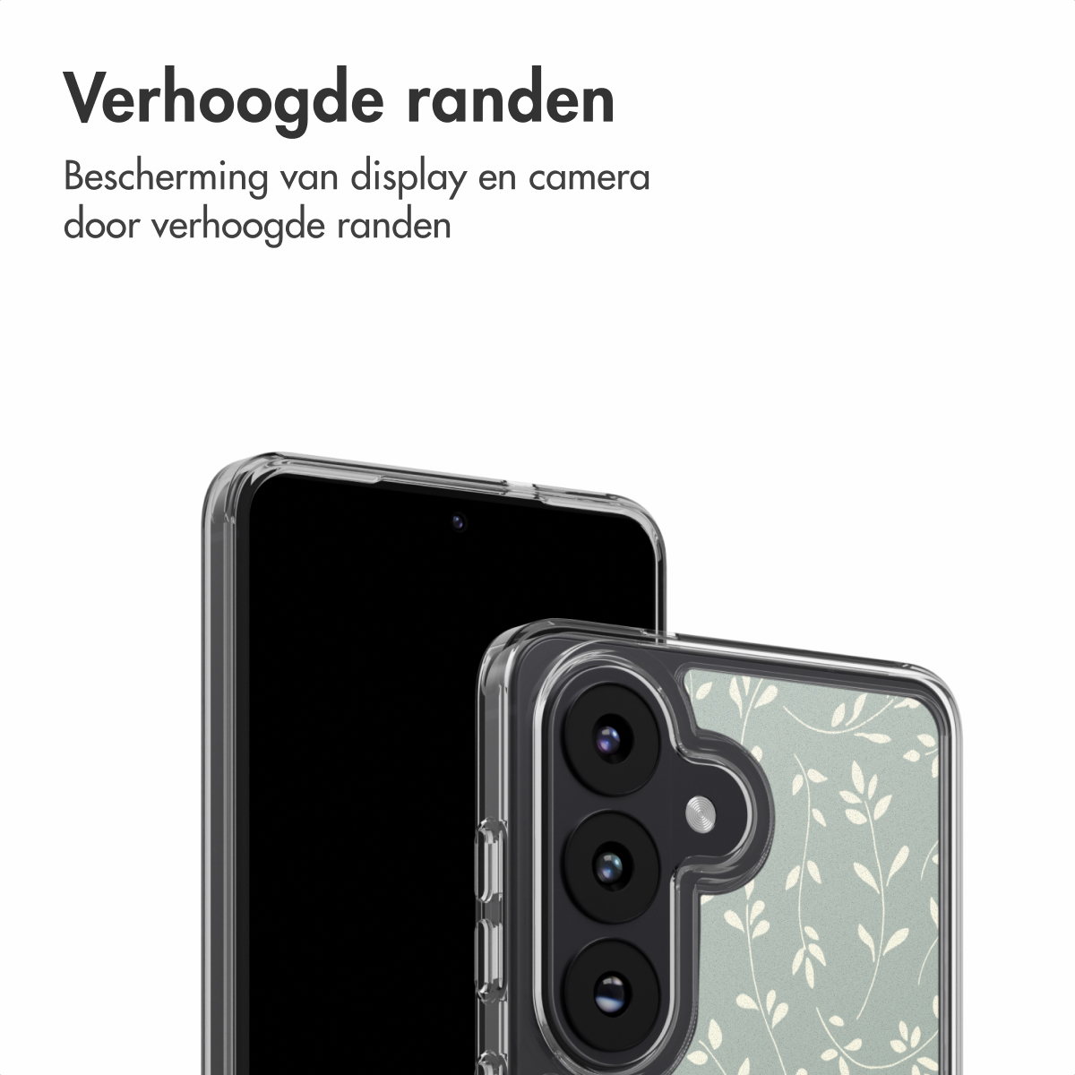 Un telefono in una custodia trasparente. La custodia ha un motivo floreale. Il testo in alto dice 'bordi rialzati'. La fotocamera del telefono è visibile.