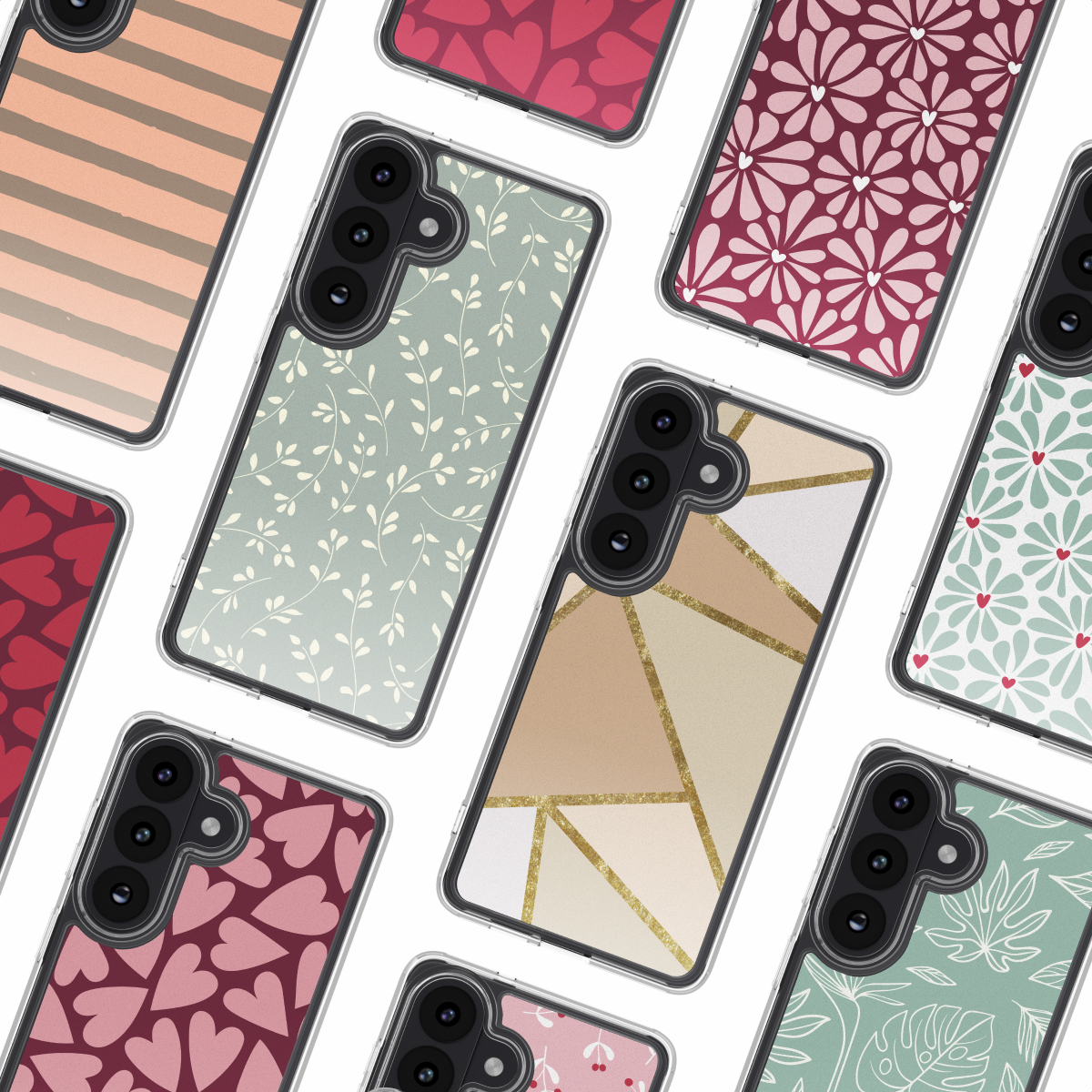 Collezione di custodie per telefono con vari motivi: cuori, fiori, foglie e forme geometriche. Diversi colori e design.