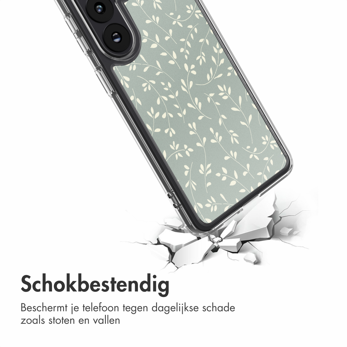 Una custodia per telefono con un design floreale sta rompendo una superficie. La custodia è trasparente, il motivo è bianco su sfondo verde.