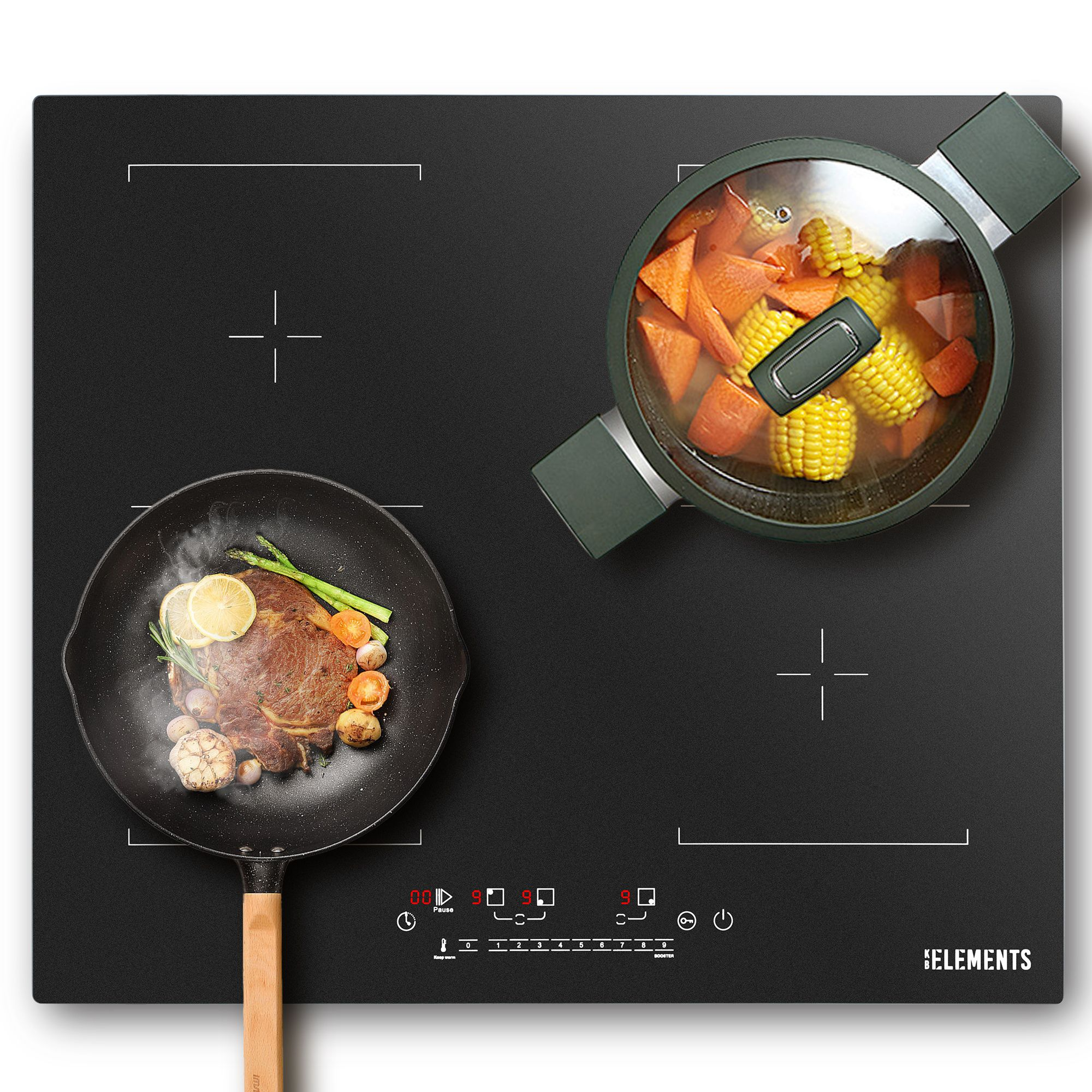 Ein schwarzes Induktionskochfeld mit einem Steak in einer Pfanne und einem Topf mit Gemüse. Bedienelemente und das Elements-Logo sind sichtbar.