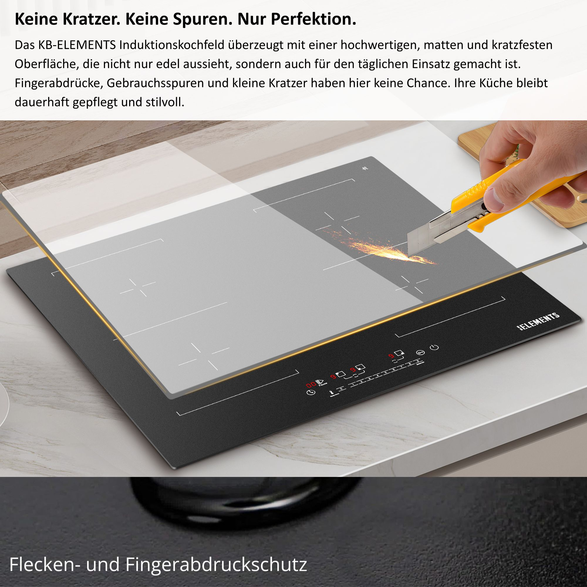 Eine Hand schneidet mit einem Cutter über einer schwarzen Kochplatte. Funken fliegen beim Schnitt.
