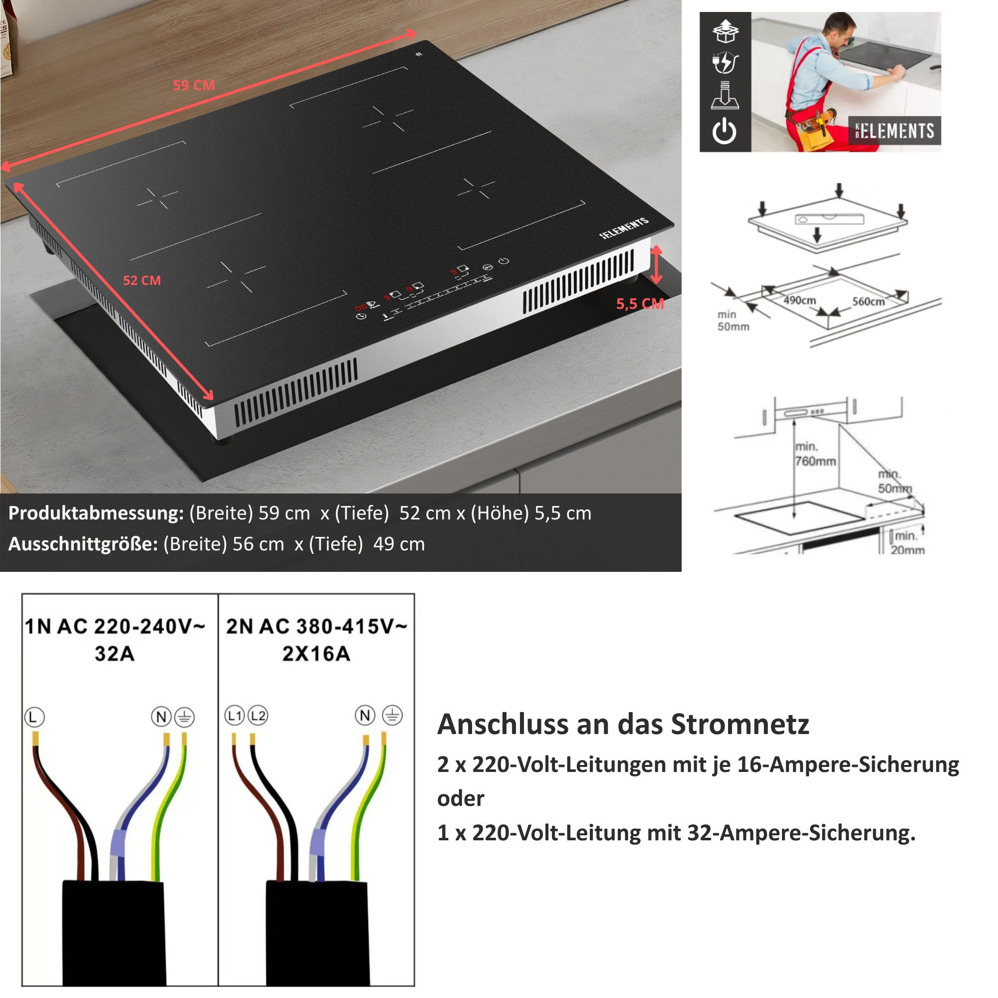 Schwarzes Induktionskochfeld mit Maßangaben. Diagramme zeigen Installation und elektrische Anschlüsse. Text auf Deutsch.