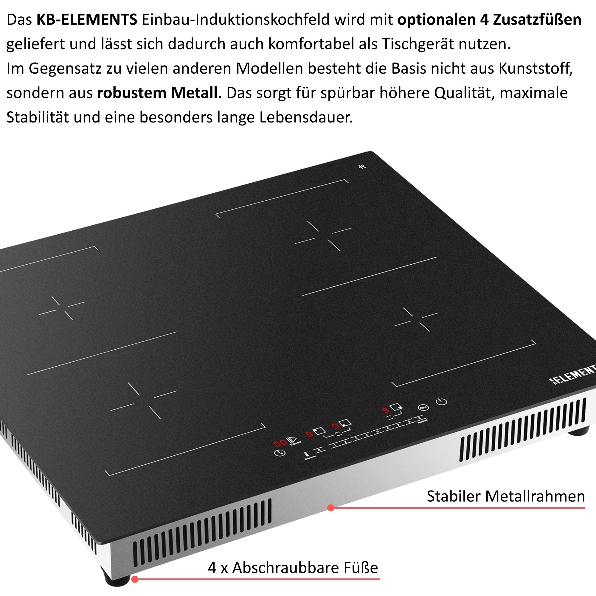 Schwarzes Induktionskochfeld mit vier Kochfeldern, Bedienfeld und robustem Metallrahmen. Es hat abnehmbare Füße.