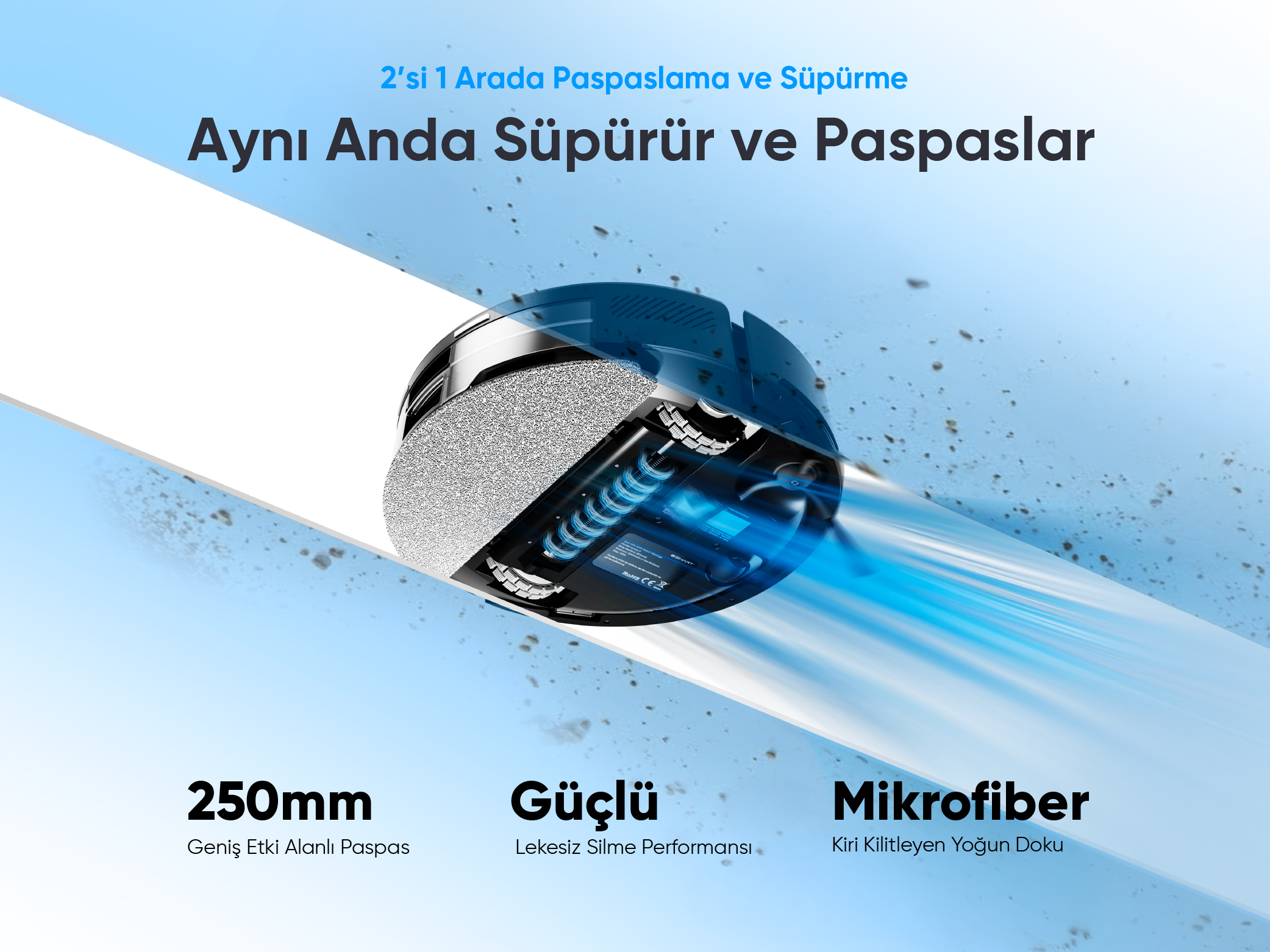 Mavi detaylara sahip robot süpürge. Temizleme pedi ve özellikleri hakkında metin içerir.
