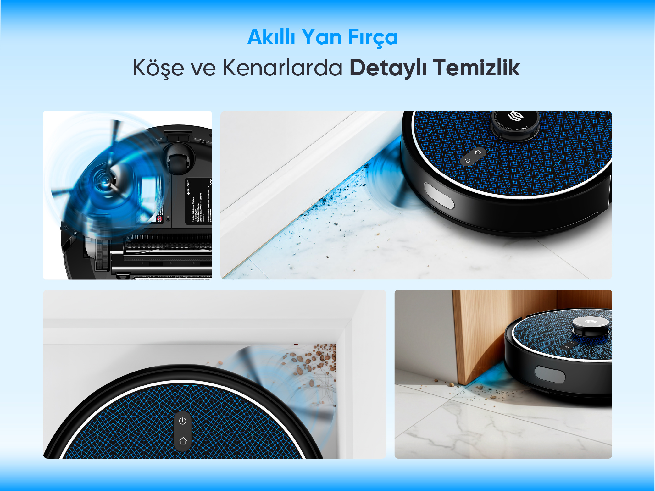 Bir robot süpürge köşeleri temizliyor. Yakın çekimler, toz ve mavi ışık efekti ile temizliğin detaylarını gösteriyor.