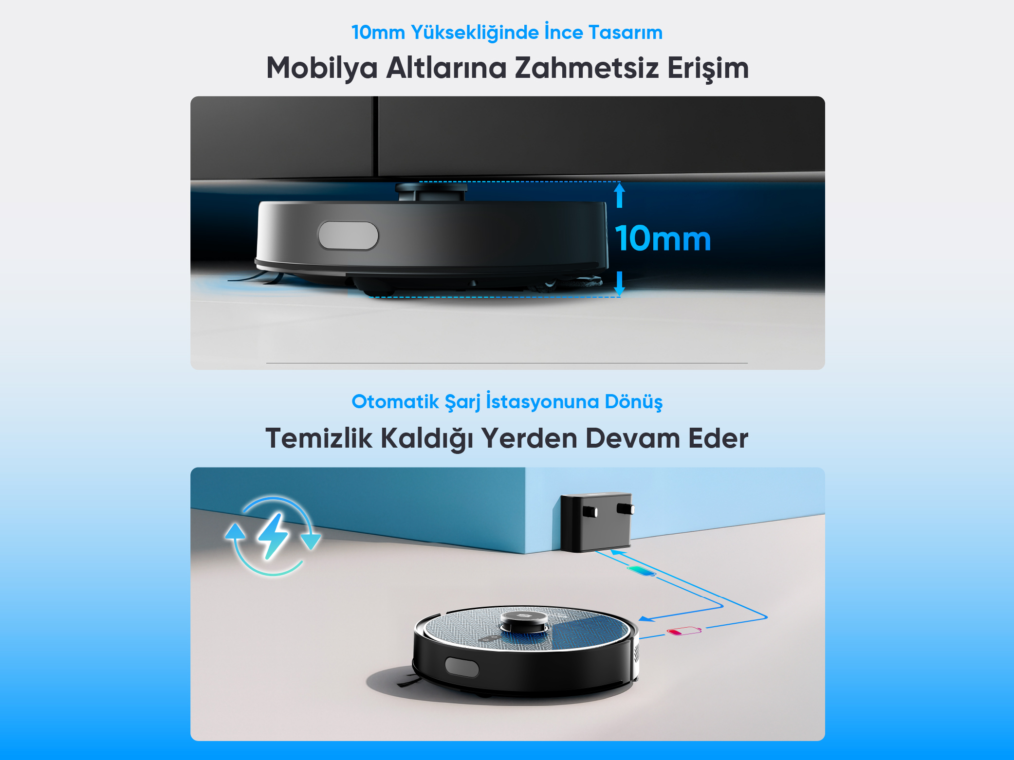 Görselde bir robot süpürge görülüyor. Düşük profilli. Şarj istasyonuna geri dönüyor.