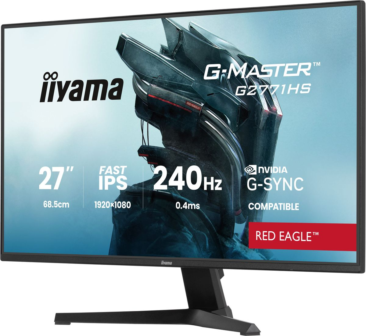 Monitor komputerowy wyświetla logo Iiyama, specyfikacje takie jak 27", 240Hz i G-MASTER G2771HS. Widoczny jest również czerwony orzeł.
