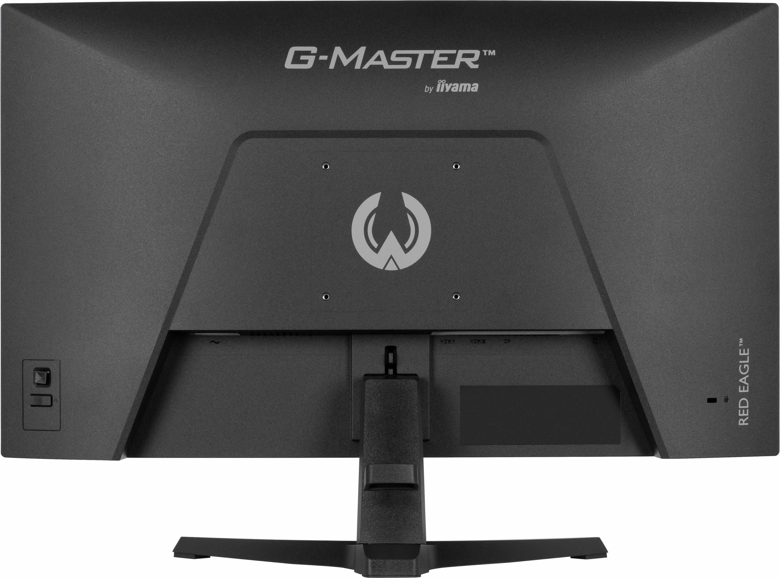 Tył czarnego monitora G-Master firmy Iiyama. Posiada podstawę, porty i logo Red Eagle.
